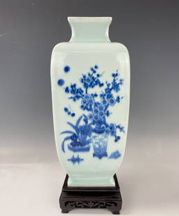 Chinese Blue and White Painting Porcelain Square Vase Qianlong Mark: Chinese Square Vase Blue and White Painting of Four Season Flowers on Celadon Ground with Qianlong Mark, H28 cm(11 in.),Preview from Dec. 11th to 15th from 1:00 PM TO 5:00 PM Eastern Time, Location: 1