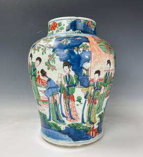 Chinese Antique Blue White and Famille Verte Jar: Chinese 17th century Blue White and Famille Verte Jar with painting of fairies and scholars in heaven. Mark of happiness character withing double circle, repaired with hairlines crack. H 33 cm (13 in.