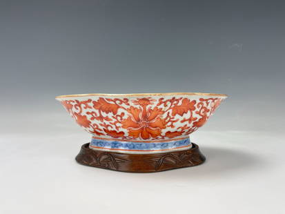 Chinese Fushou Iron Red Porcelain Bowl with Wood Stand: Chinese Antique Iron Red Overglazed Floral Lobbed Narcissus Bowl on Wood Stand, W 19.5 cm(7.5 in.) x D 14 cm(5.5 in.),Preview from Dec. 11th to 15th from 1:00 PM TO 5:00 PM Eastern Time, Location: 152