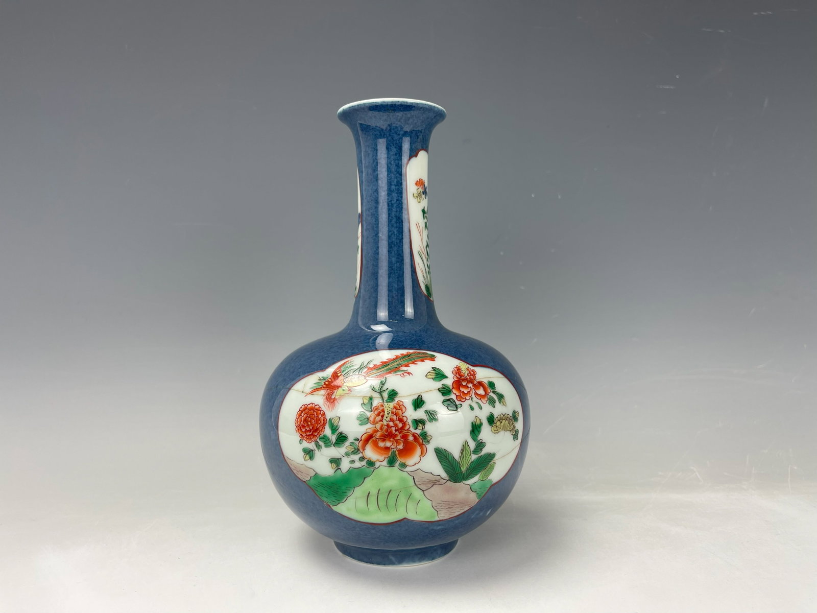 Chinese Famille Verte Vase Birds and Flower on Powder Blue Ground Marked: Chinese Famille Verte Bulbous Vase Painted with Birds,Flower and Rocks on Powder Blue Ground,Mark tripod incense burner, 19th century, with hairline crack, sold as is. H 20 cm(7.7 in.), Preview from D