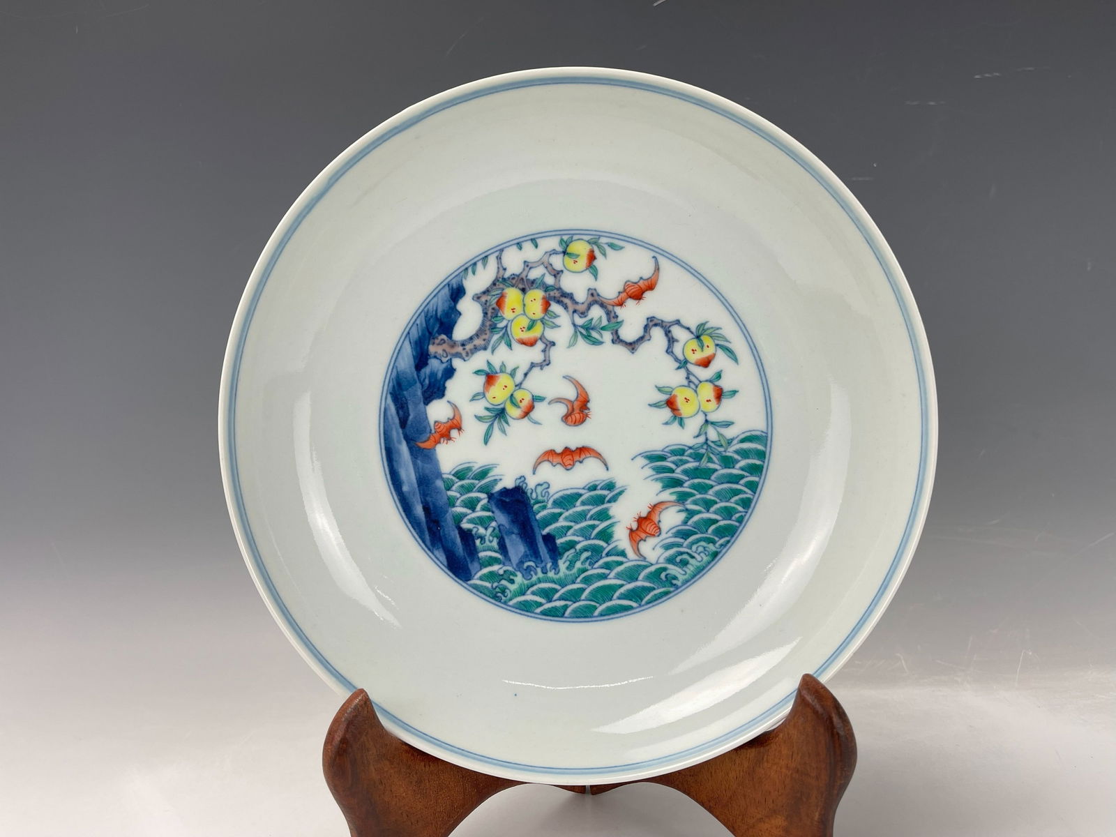 Chinese Doucai Plate with Peaches Seawaves Yongzheng Mark (1 of 5)
