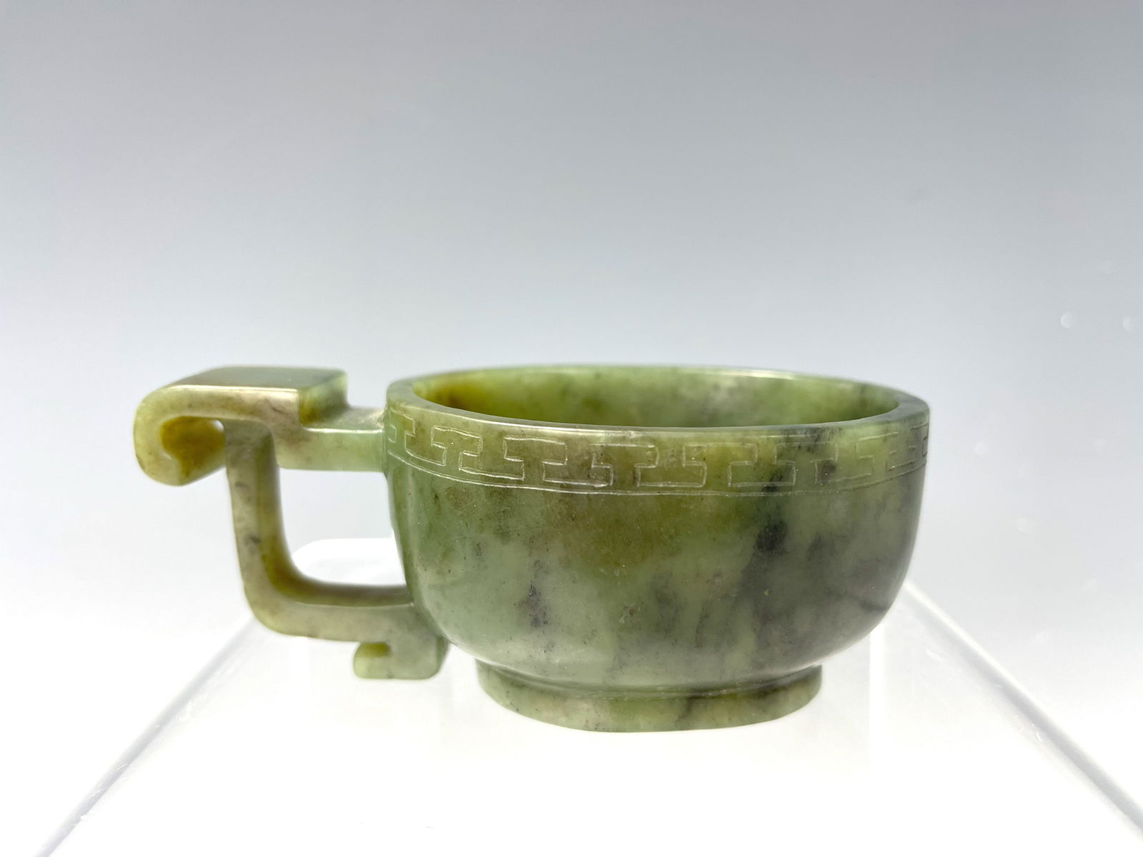 Chinese Carved Spinach Jade Single Handle Libation Cup (1 of 5)