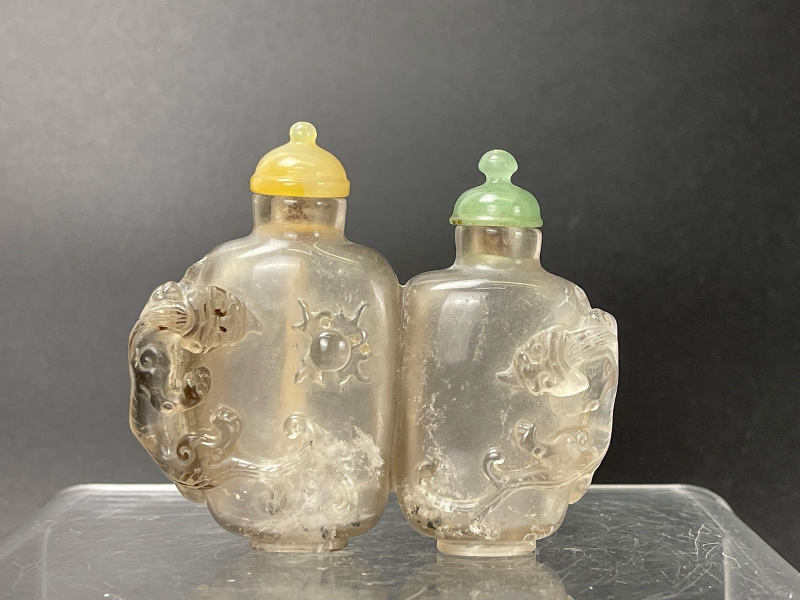 A Chinese Crystal Double Snuff Bottle Carved Dragons (1 of 7)