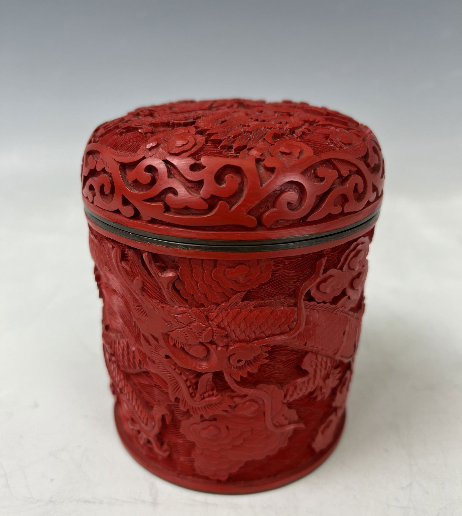 Vintage Chinese Cinnabar Dragon Hand Carved Tea Caddy (1 of 8)