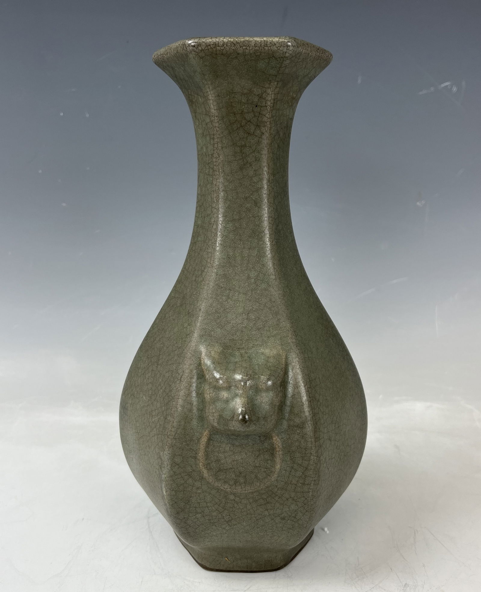 Chinese Hexagon Celadon Porcelain Vase: Chinese Hexagon Celadon Porcelain Vase, H 23 cm(9 in.), Preview from Dec. 11th to 15th from 1:00 PM TO 5:00 PM Eastern Time, Location: 15229 Display Court, Rockville MD 20850.