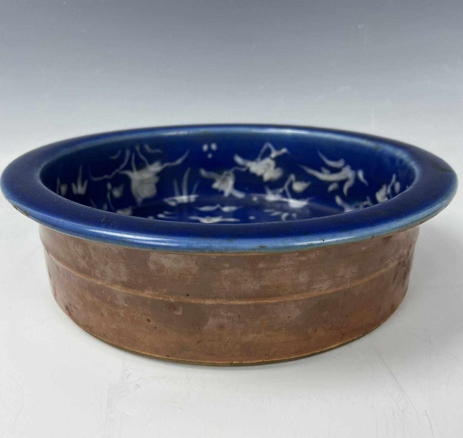 Chinese Blue Monochrome Bowl with White Flowers Decoration (1 of 5)