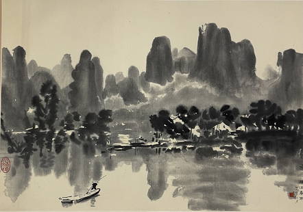 Xu Beihong Guilin Shanshui Chinese Scroll: Xu Beihong Guilin Shanshui Chinese Scroll Wood Block Printing,Scroll H 203 cm (80 in.) x W 115 cm(45.3 in.),painting H 5 cm (31in.) x W 5 cm(44 in.), Preview from Dec. 11th to 15th from 1:00 PM TO 5:0