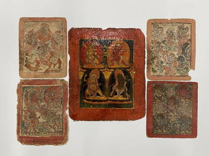 Five Tibetan Buddhist Miniature Tsakli on Mulberry Paper: Five Tibetan Buddhist miniature icons known as tsakli, are used in initiation ceremonies and for various devotional purposes. Some are painted on mulberry paper while others are on canvas. 19th and ea