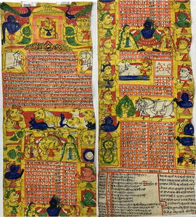 Decorative Section Colorful North Indian Folk Art Horoscope Scroll: Decorative section of a hand-painted colorful North Indian folk art horoscope scroll that predicts the astrological forces at the time of an individual’s birth, which influence their path in life an