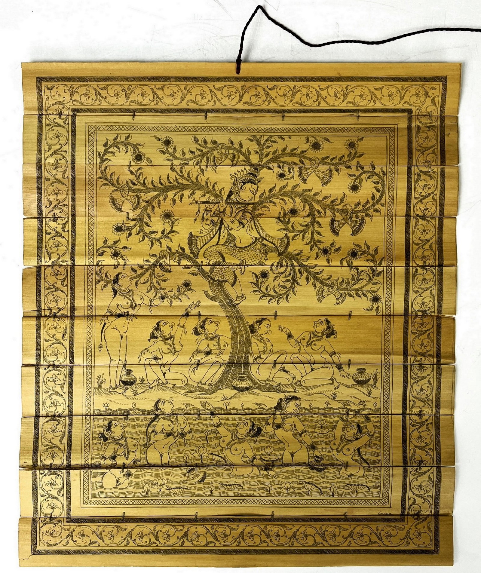 Palm Leaf Scroll Depicting Young Lord Krishna Playing Flute (1 of 4)