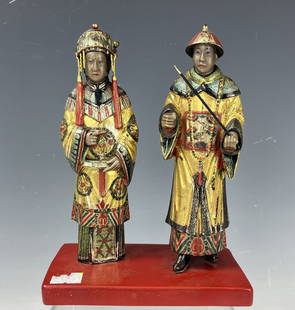 Chinese Antique Wood Carvings Gilt Figures: Chinese Antique Wood Carvings Gilt Figures, a Qing Dynasty Mandarin official couple, H 18 cm (7.5 in.), Preview from Feb.19th to 23rd from 1:00 PM TO 5:00 PM Eastern Time, Location: 15229 Display Cour