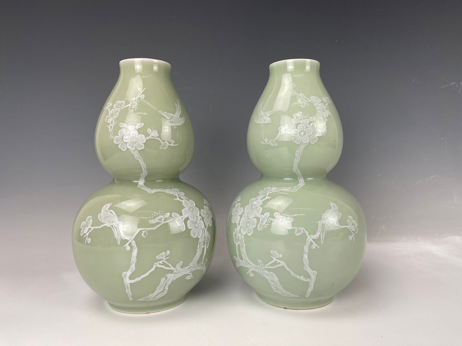 Pair of Chinese Celadon Ceramic Gourd Vase Marked (1 of 7)