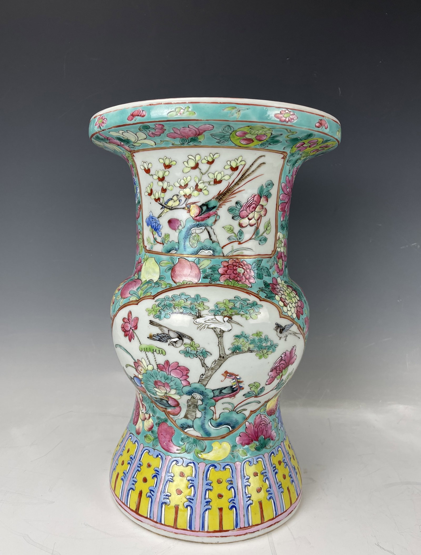 A Chinese Famille Rose Gu Vase: A Chinese Famille Rose Gu Vase, H 30.5 cm (13.3 in.), Preview from Feb.19th to 23rd from 1:00 PM TO 5:00 PM Eastern Time, Location: 15229 Display Court, Rockville MD 20850.