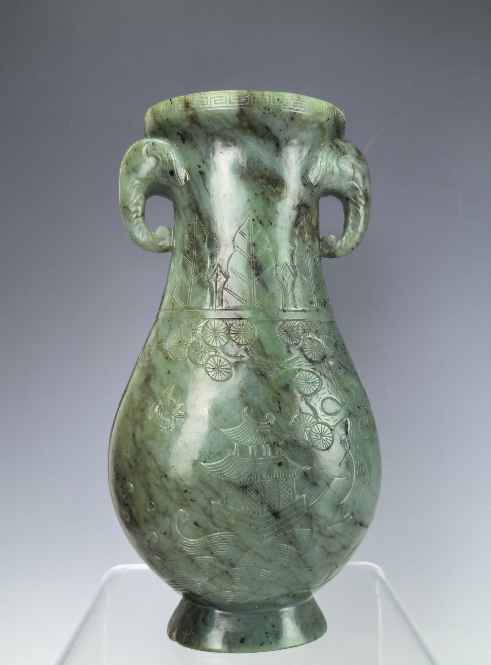 Chinese Carved Spinach Green Jade Vase With Double Handles (1 of 7)