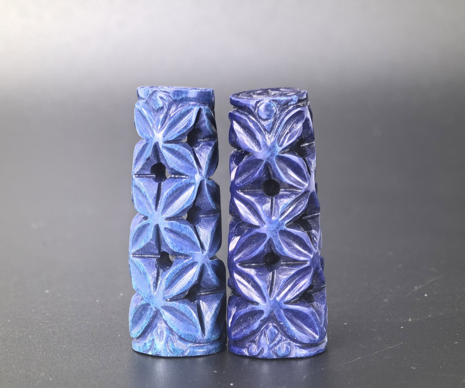 Two Carved Lapis Cylinder Pendants: Two Carved Lapis Cylinder Pendants, H 5 cm(2 in.) x2, Preview from Apr. 22nd to 26th from 1:00 PM TO 5:00 PM Eastern Time, Location: 15229 Display Court, Rockville MD 20850.