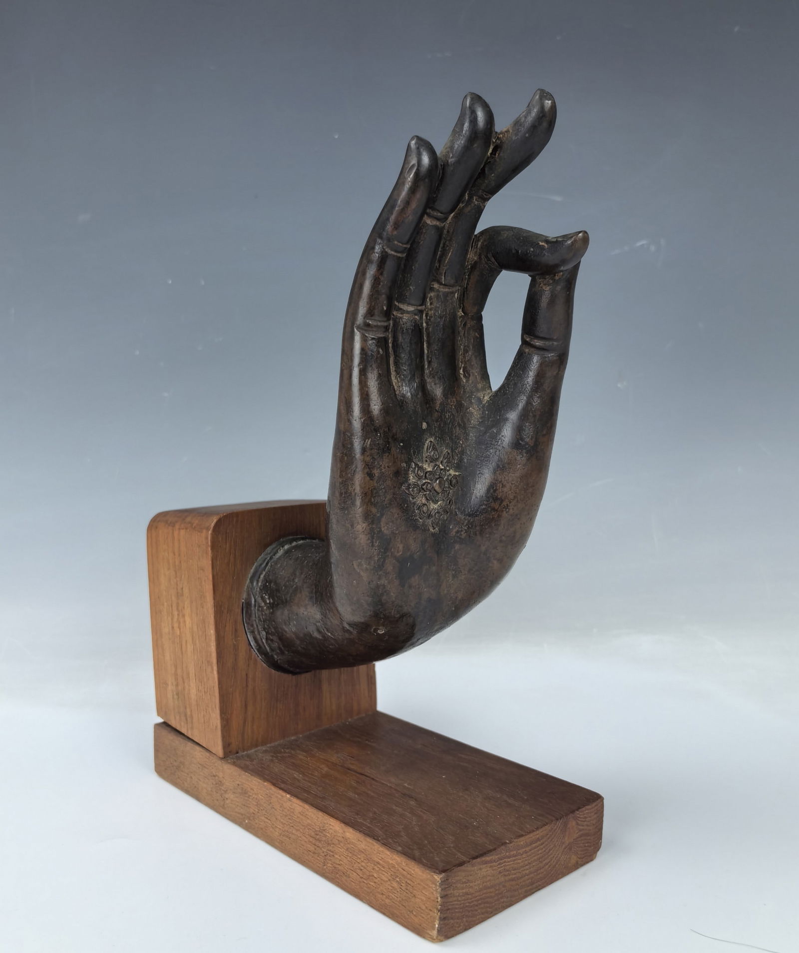 Thai Bronze Cast Buddha Hand Statue on Wood Stand (1 of 7)