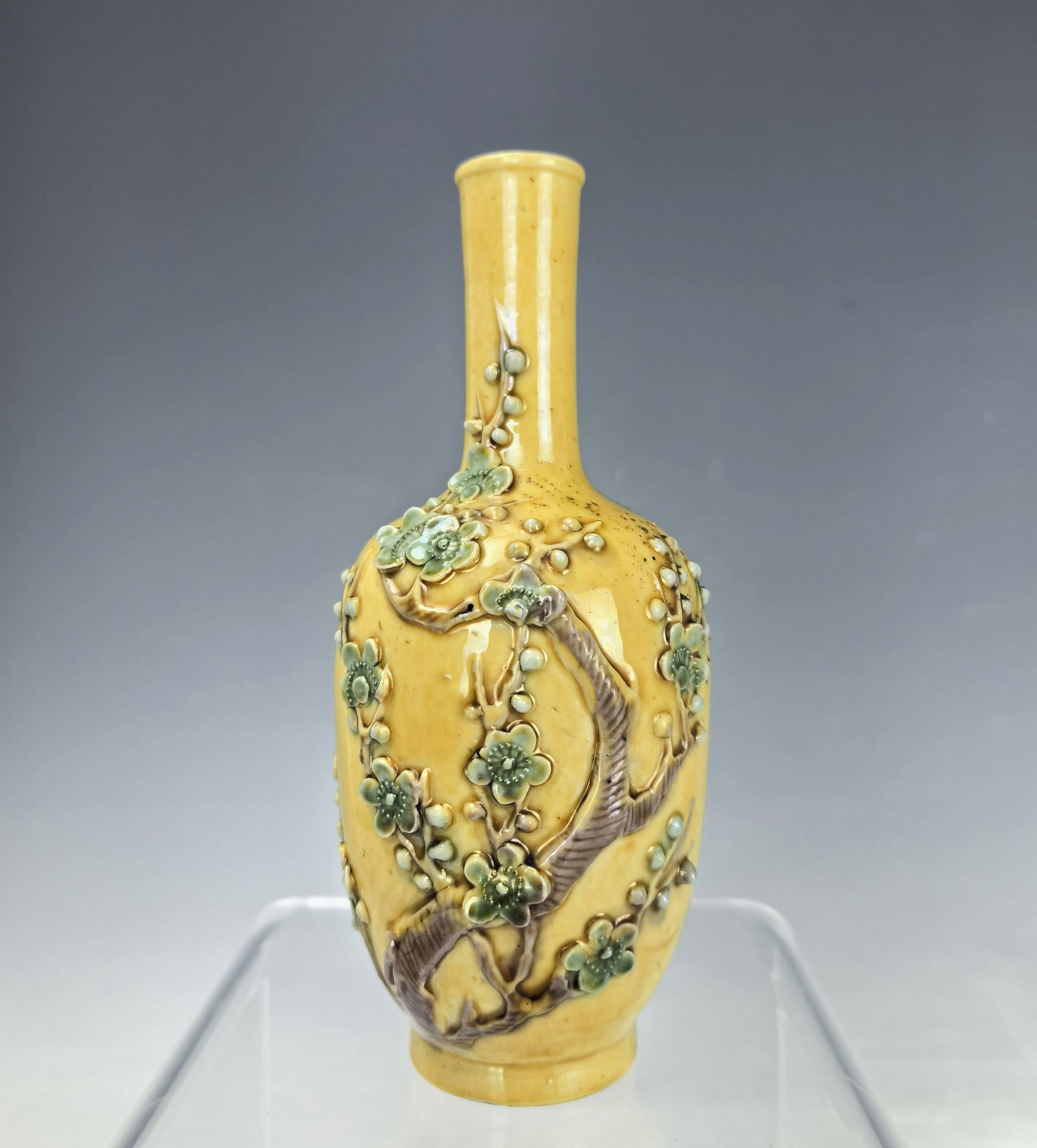 Chinese Vase  Molded  Plum Blossom Scholar Objects on Yellow Ground (1 of 6)