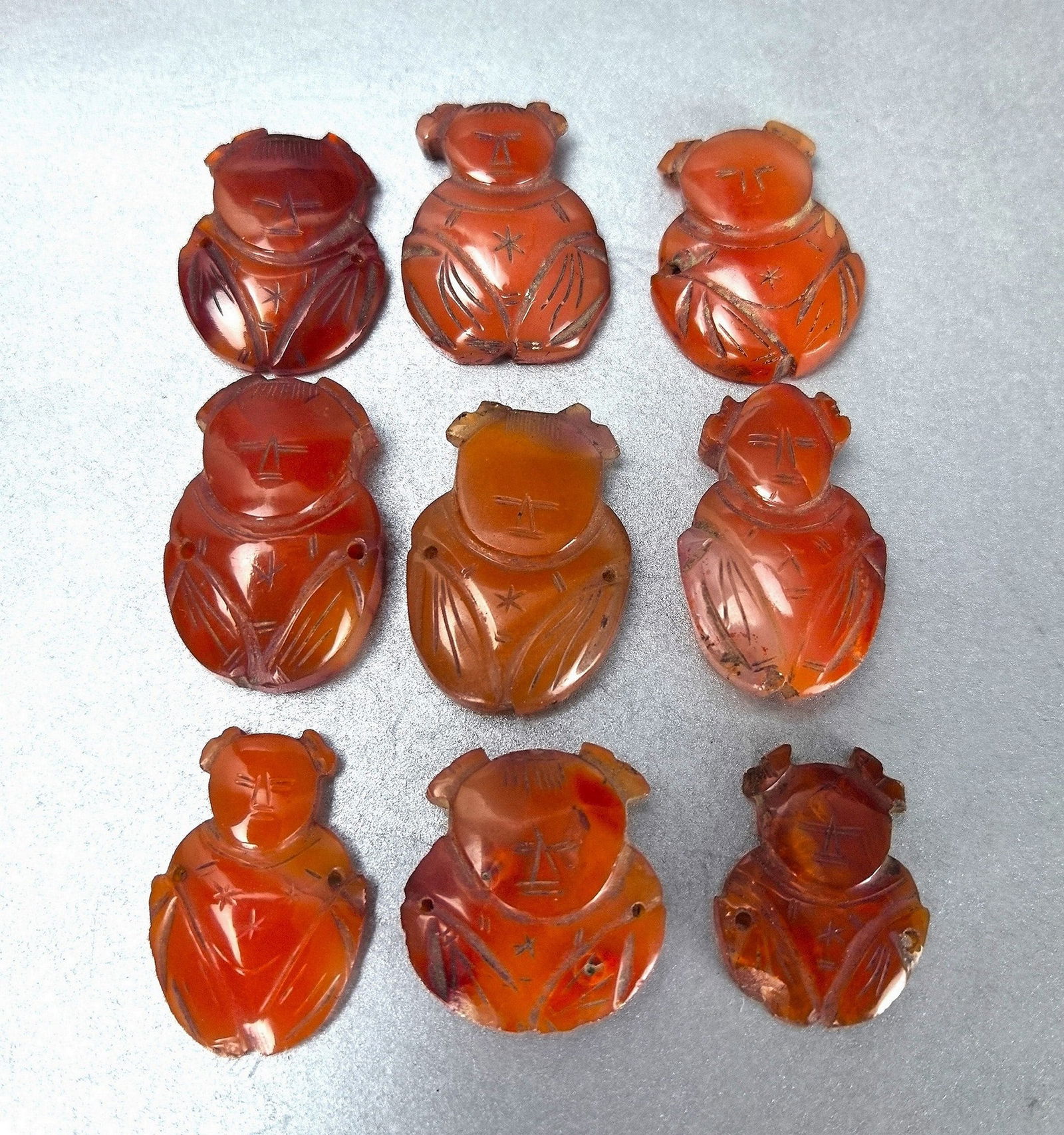 Group of 9 Chinese Carved Carnelian Agate Figure Pendants (1 of 4)