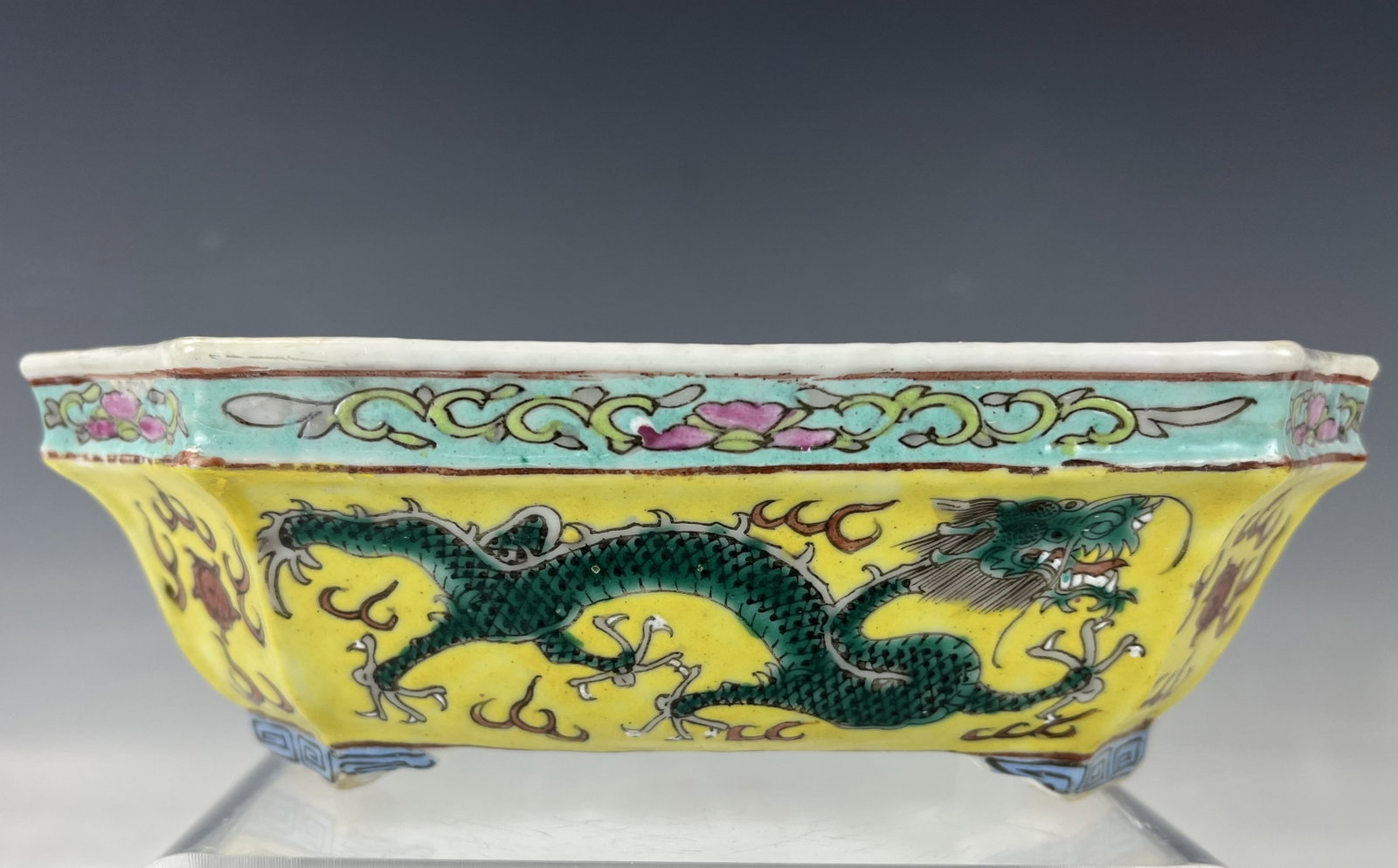 Chinese Yellow Ground Green Dragon Porcelain Bonsai Planter Marked: ChineseYellow Ground Green Dragon Porcelain Bonsai Planter Marked, W 18 cm ( 7 in.) x D 13 cm( 5 in.) x H 6 cm(2.5 in.), Preview from Apr. 22nd to 26th from 1:00 PM TO 5:00 PM Eastern Time, Location: 