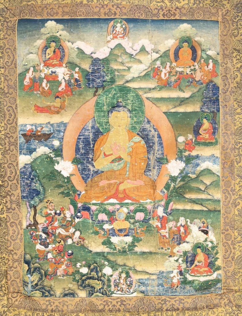 An Antique Tibetan Thangka Framed: An Antique Tibetan Thangka Framed, H 104 cm (41 in.) x W 89 cm (35 in.), Reference: A Fine Genuine Tibetan Painting. R. D. Banerji appraisal in 1913 Indian Museum. Provenance: PROPERTY OF HELEN FUGH H