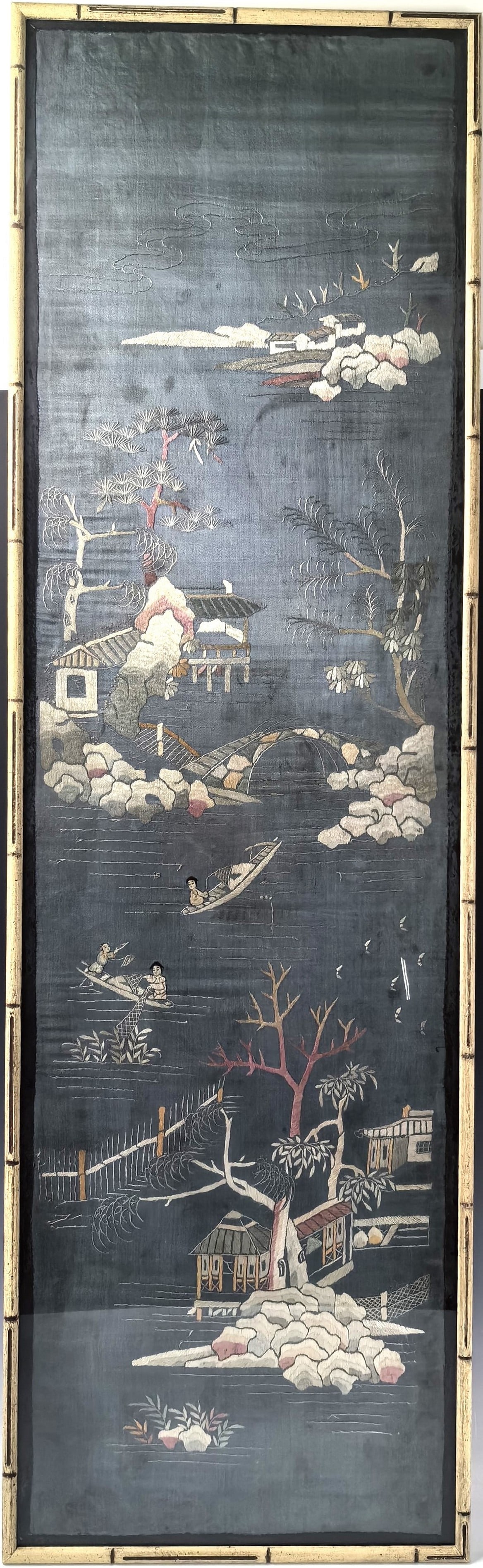 Chinese Landscape Embroidery on Silk: Chinese Landscape Embroidery on Silk,H 125 cm( 49.5 in.) x W 38 cm( 15 in.), Preview from Apr. 22nd to 26th from 1:00 PM TO 5:00 PM Eastern Time, Location: 15229 Display Court, Rockville MD 20850.