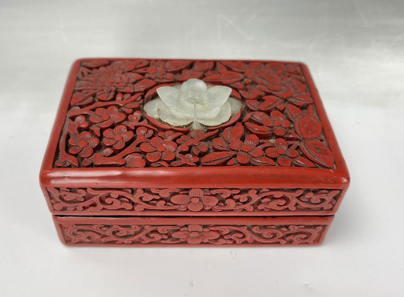 Antique Chinese Cinnabar Box Decorated with Jade Flower (1 of 5)