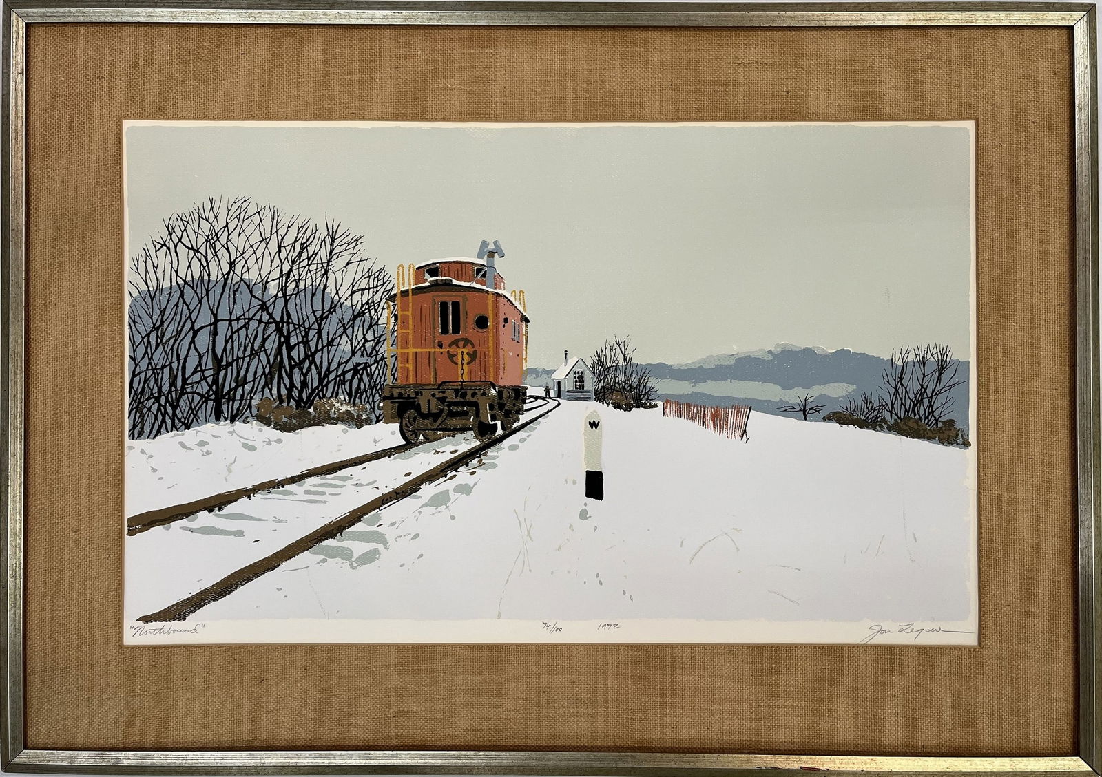 Northbound by Jon Legere Signed Limited Edition: Northbound by Jon S. Legere (1944 - 1996), Pencil Signed and Limited Edition 74 of 100. Frame Dimensions: W 96 cm (37.8 in.) x H 68 cm (26.8 in), Jon Legere was born in Portland, Maine, and attended P