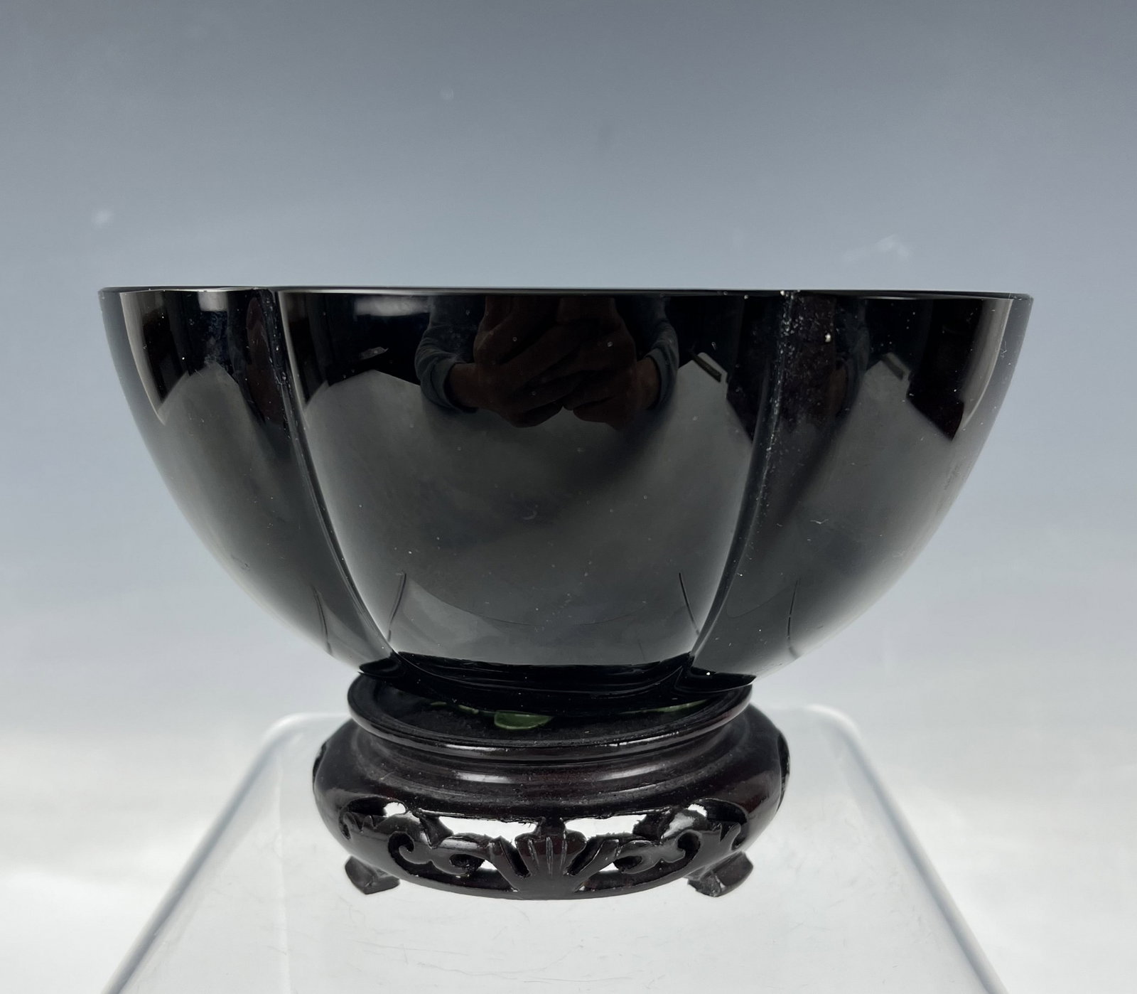 Vintage French Black Glass Fruit Bowl: Vintage French Black Glass Fruit Bowl, D 14.5 cm (5.7in.)x H 10 cm ( 4 in.). Preview from April. 22nd to 26th from 1:00 PM TO 5:00 PM Eastern Time, Location: 15229 Display Court, Rockville MD 20850.