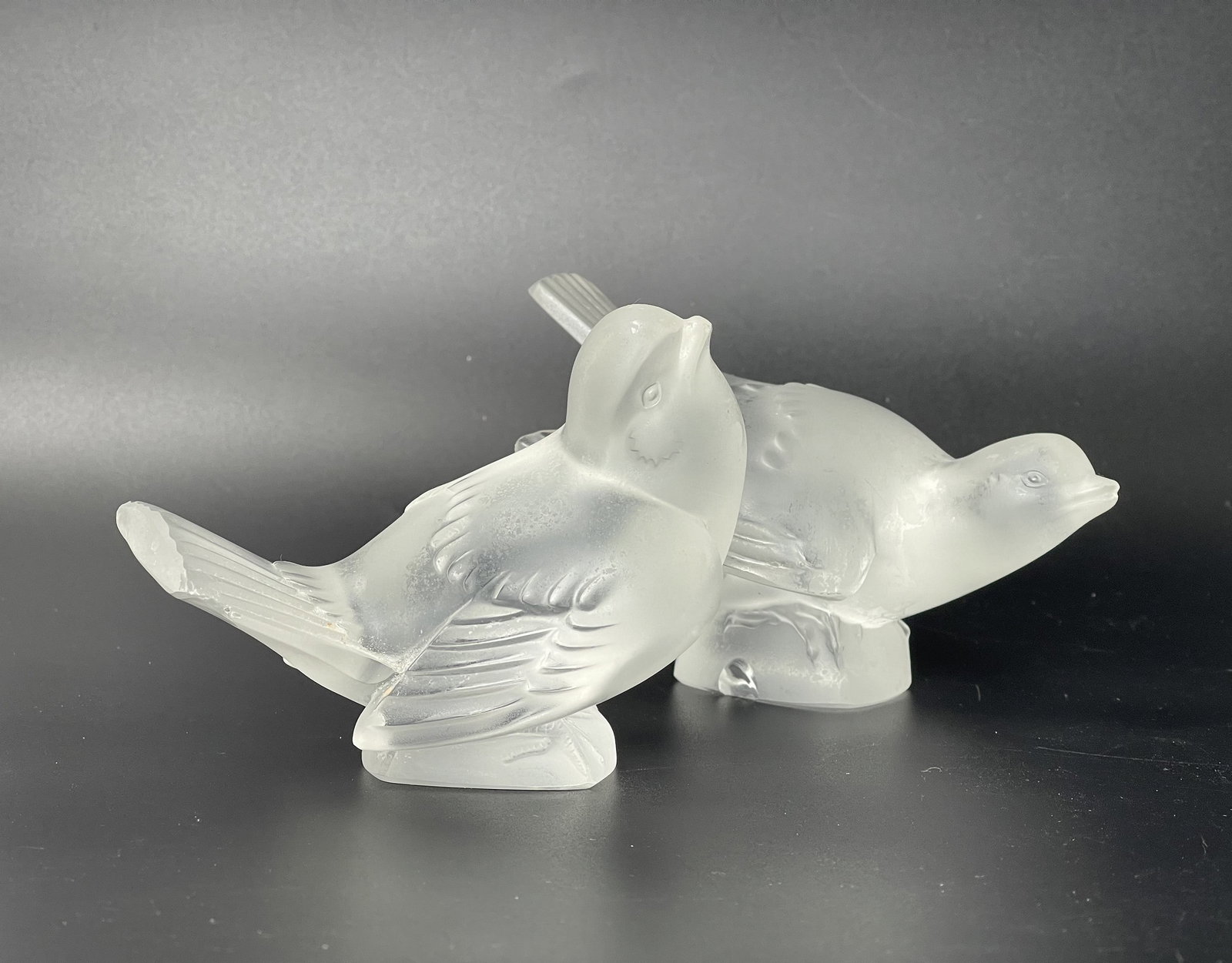 Two LALIQUE France Frosted Crystal Sparrow Sculpture Signed: Two LALIQUE France Art Glass Frosted Crystal Sparrow Bird Sculpture Figure Signed,W 12.9 cm( 5 in.) x H 10.2 cm( 4 in.) x2, Preview from Apr. 22nd to 26th from 1:00 PM TO 5:00 PM Eastern Time, Locatio