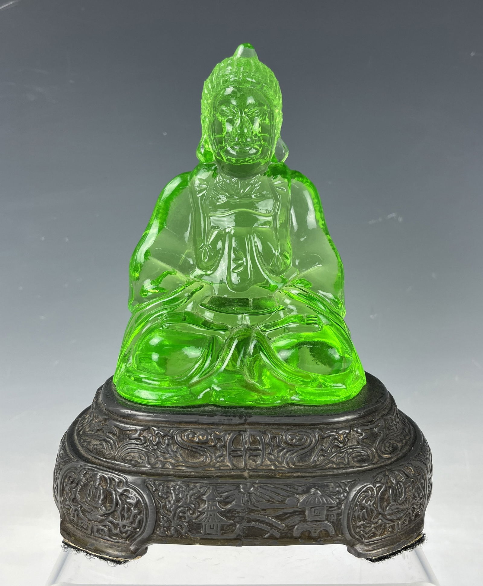 A Vintage Green Cambridge Glass Buddha Statue with Base (1 of 7)