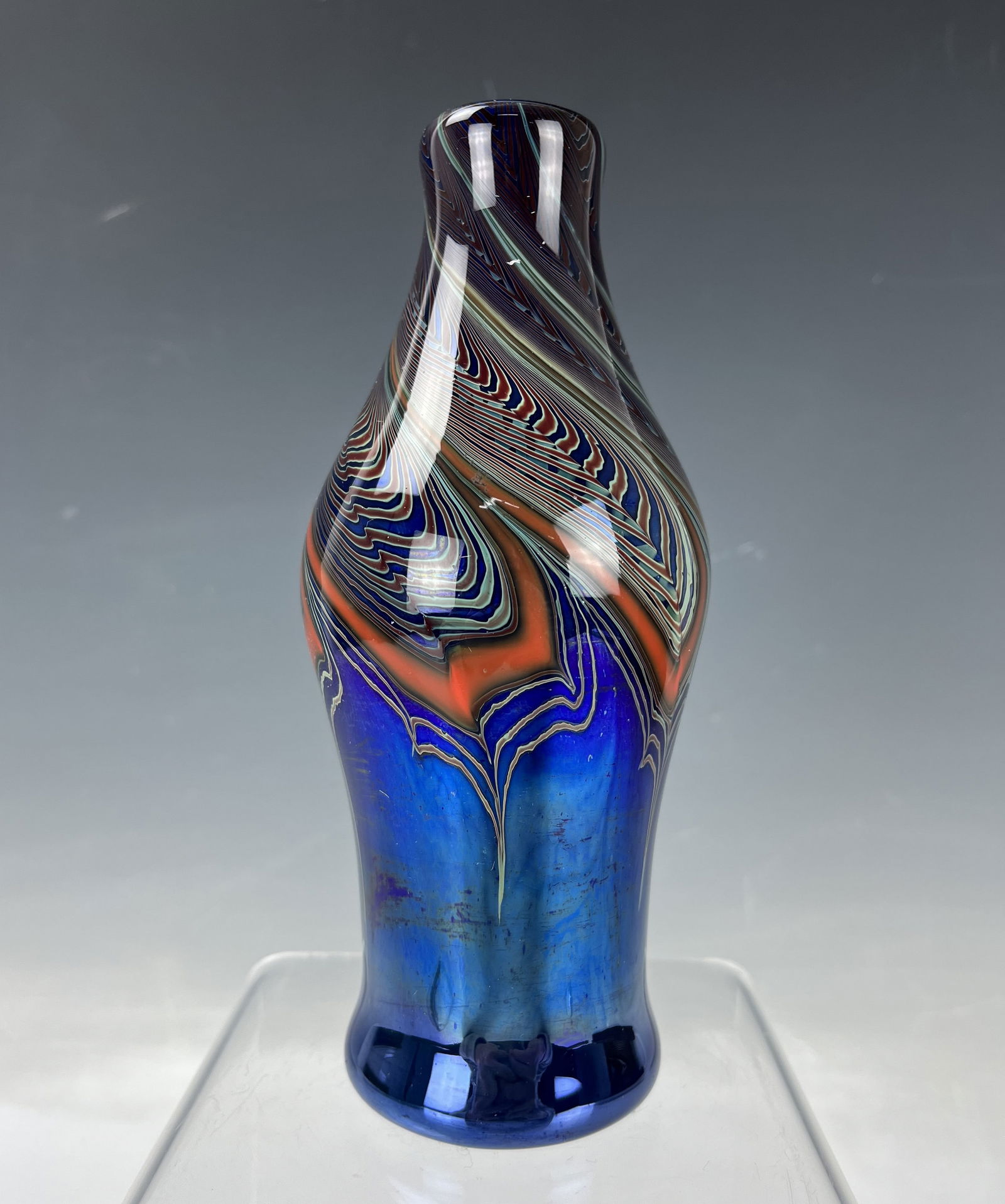 Signed Cobalt Blue Iridescent Pulled Feather Glass Bottle (1 of 7)
