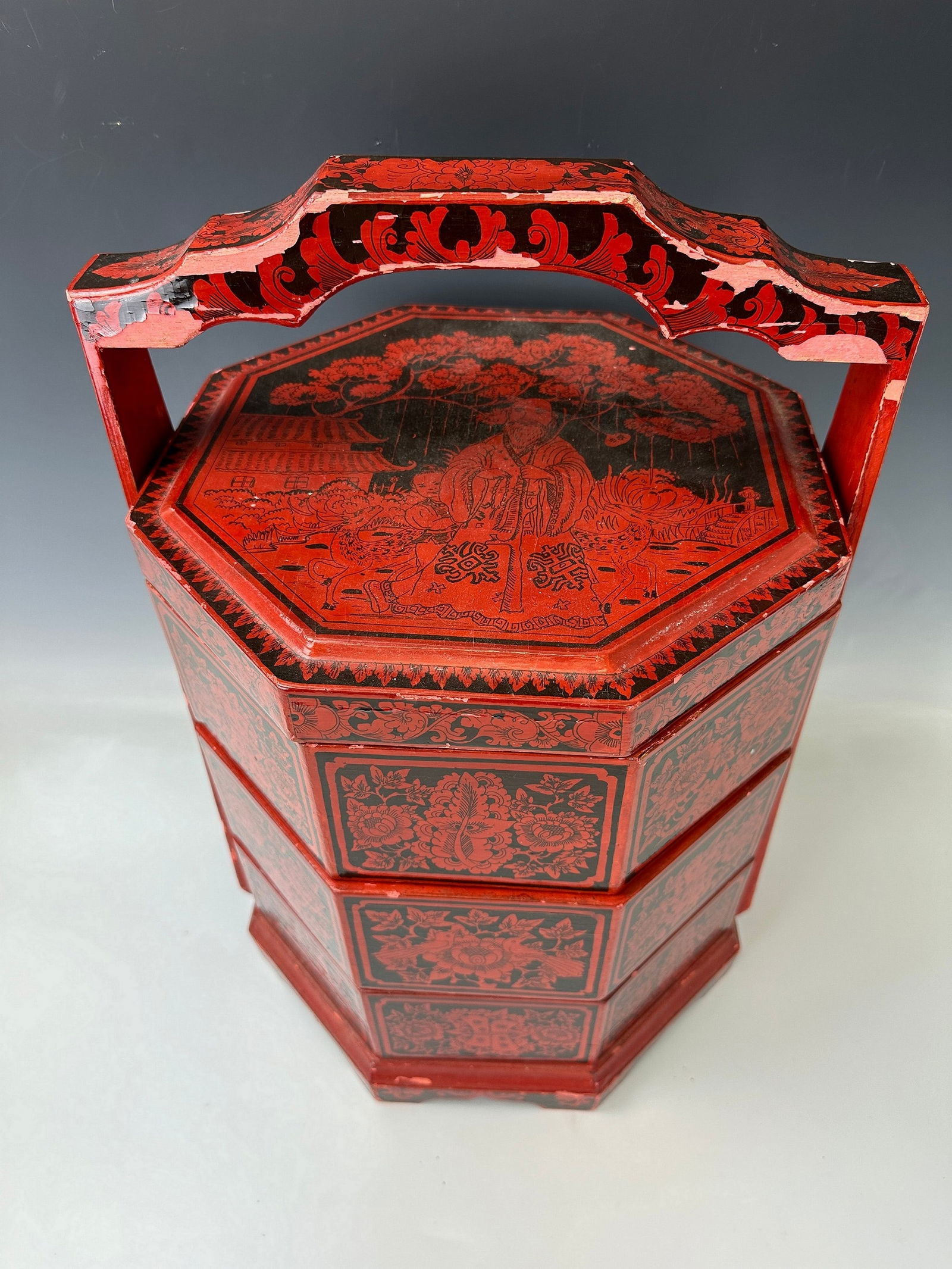 Asian Antique Red Lacquer Wood Container with Handle (1 of 8)