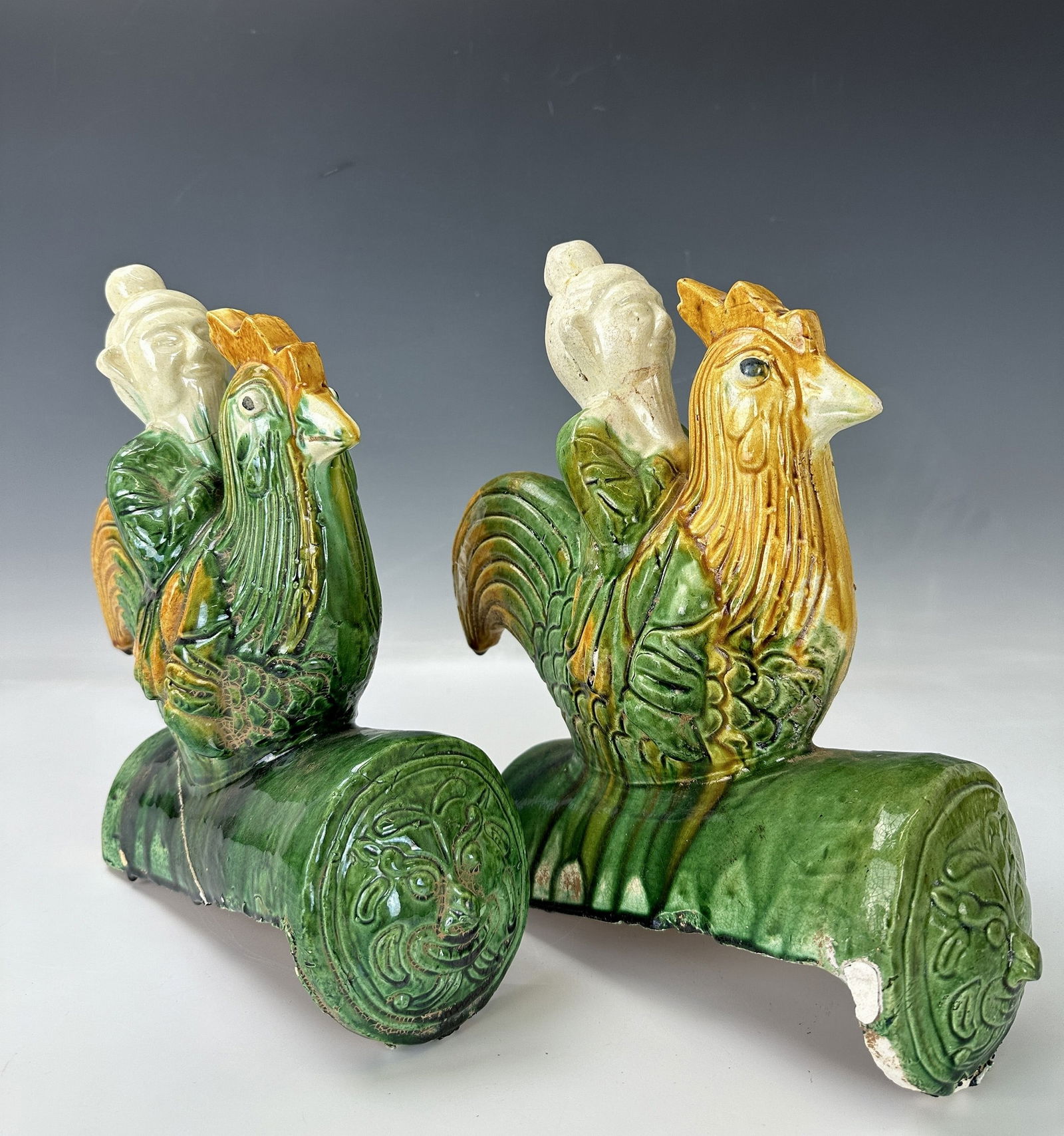 Pair of Chinese Ceramic Clay  Roof Tiles Rooster (1 of 5)
