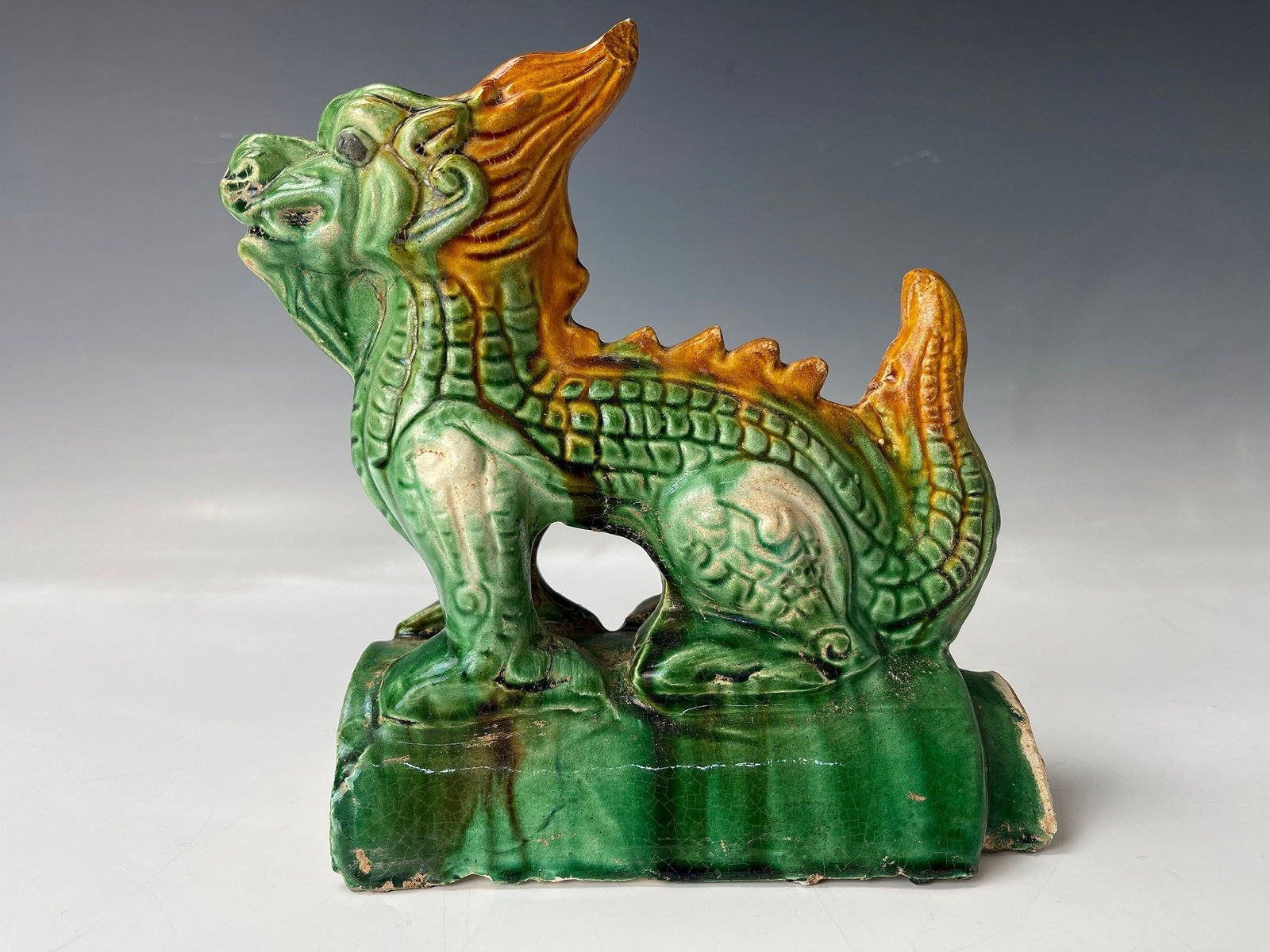Chinese Ceramic Clay Kirin Figure Roof Tile: Chinese Ceramic Clay Kirin Figure Roof Tile, H 20 cm (7.7 in.) x W 18 cm (7 in.) x D 8 cm (3.3 in.), Preview from May 27th to 31st from 1:00 PM TO 5:00 PM Eastern Time, Location: 15229 Display Court,