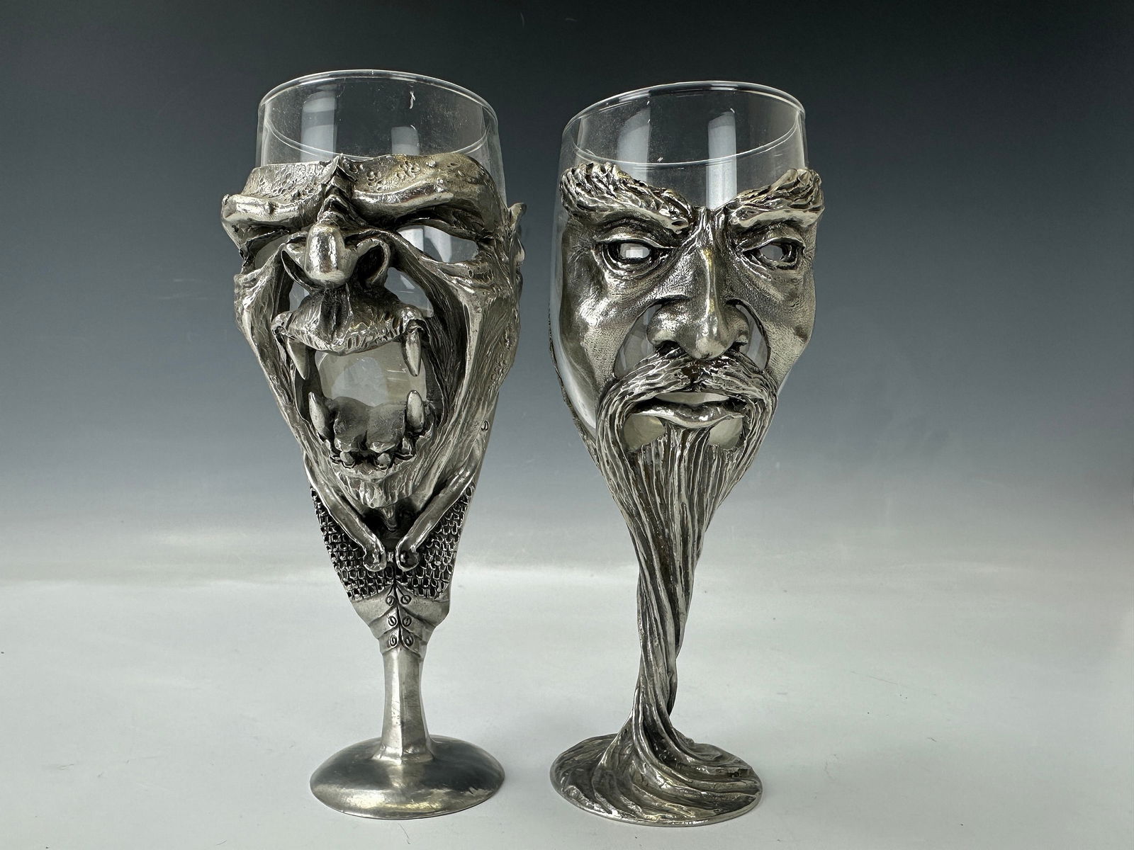 Two Royal Selangor Lord of the Rings Pewter Wine Glass: Two Royal Selangor Lord of the Rings Pewter Wine Glass Marked, H 20 cm (8 in.) x2, Preview from May 27th to 31st from 1:00 PM TO 5:00 PM Eastern Time, Location: 15229 Display Court, Rockville MD 20850