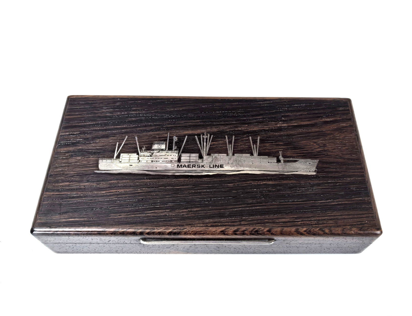 Danish Rio Rosewood Box with Silver Maersk Line Boat Inlaid: Danish Rio Rosewood Box with Silver Maersk Line Boat Inlaid, W 20 cm (7.5 in.) x D 9 cm (3.5 in.), Preview from May 27th to 31st from 1:00 PM TO 5:00 PM Eastern Time, Location: 15229 Display Court, Ro