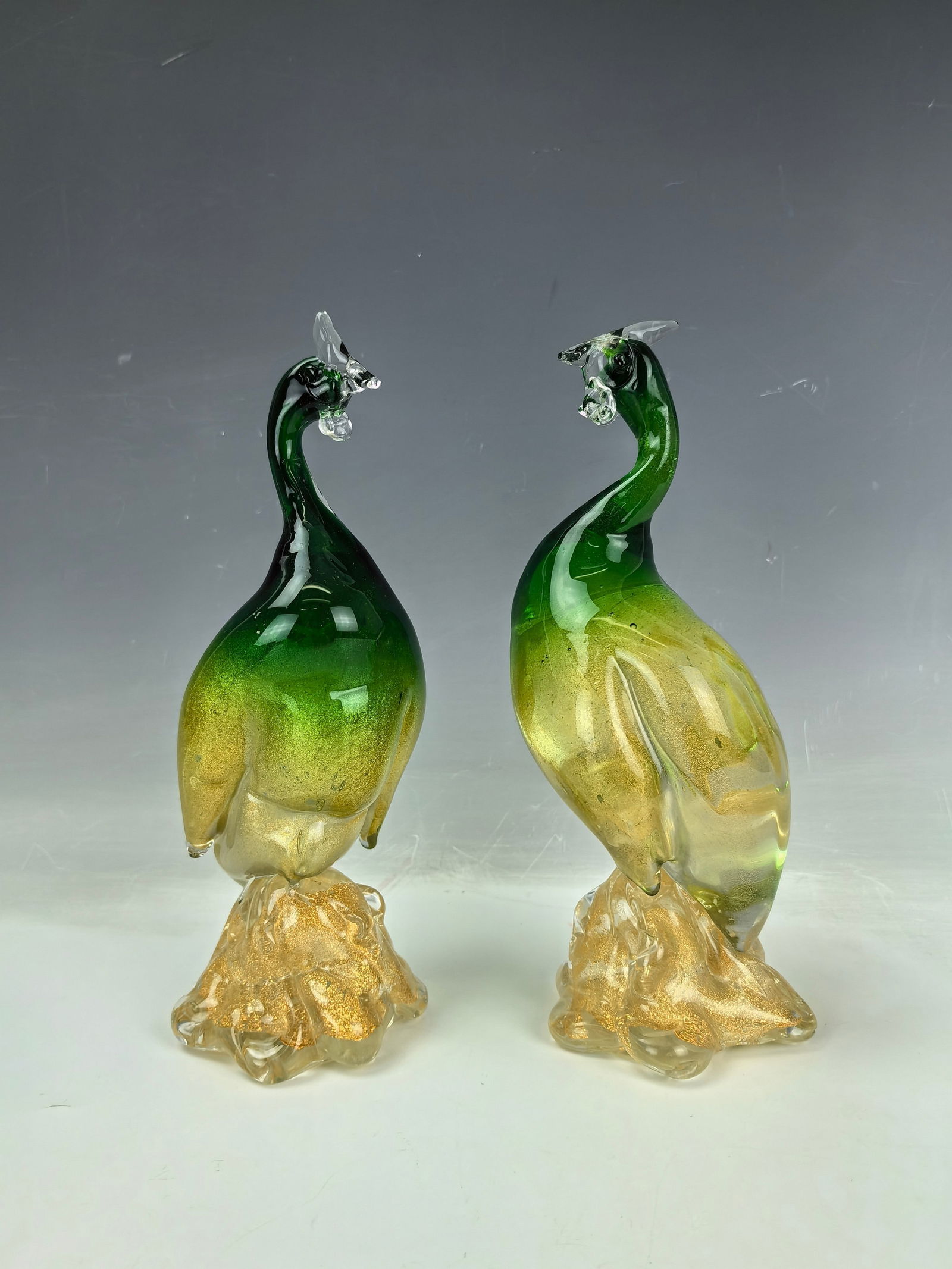 Pair of Green Art Glass Phoenix Sculptures: Pair of Green Art Glass Phoenix Sculptures, H 24 cm (9.5 in.) x 2, Preview from May 27th to 31st from 1:00 PM TO 5:00 PM Eastern Time, Location: 15229 Display Court, Rockville MD 20850.