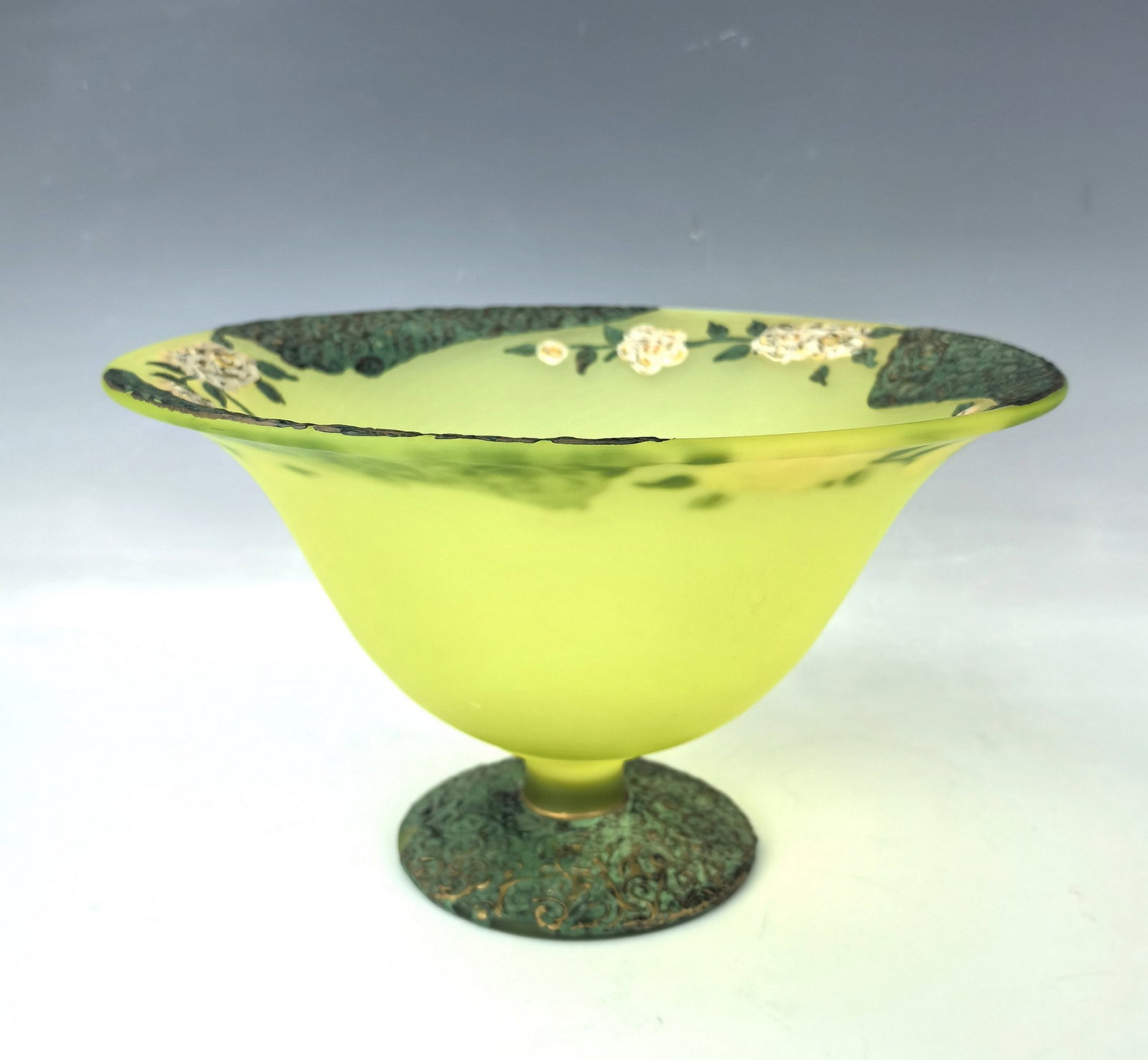 Olive Satin Opaline Glass Bowl: Olive Satin Opaline Glass Bowl, W 23cm (9 in.) x H 14 cm (5.5 in.). Preview from May 27th to 31st from 1:00 PM TO 5:00 PM Eastern Time, Location: 15229 Display Court, Rockville MD 20850.