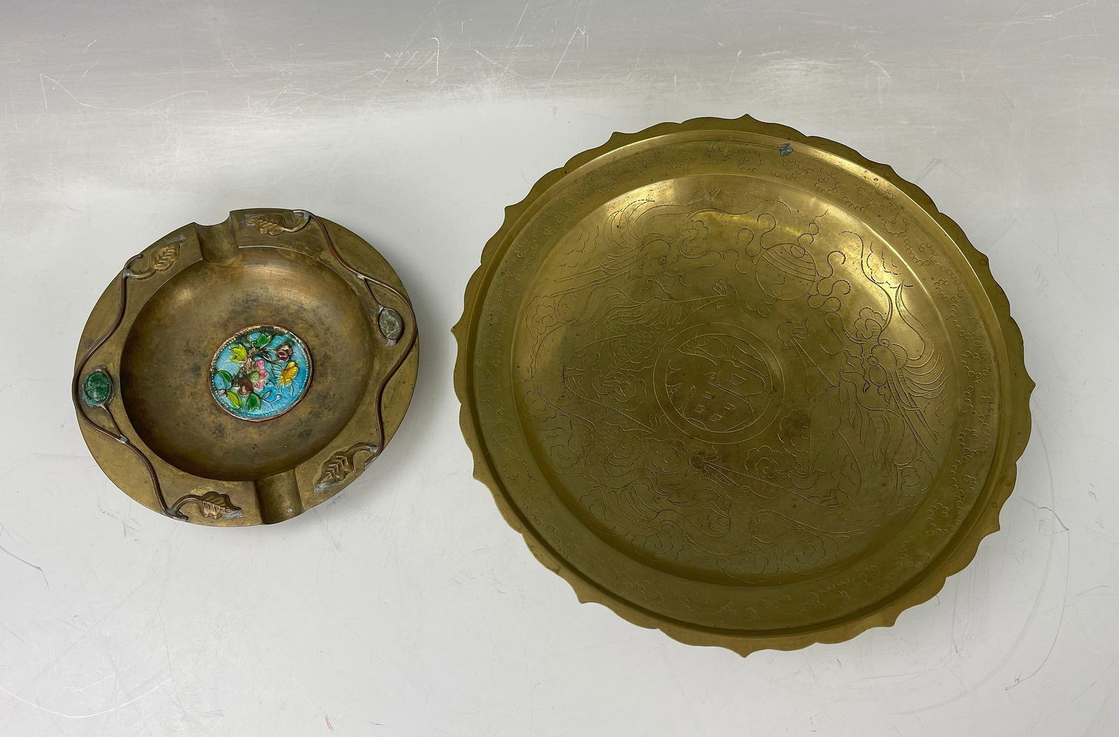 Chinese Engraved Brass Dragon Pedestal Bowl and Ashtray (1 of 10)