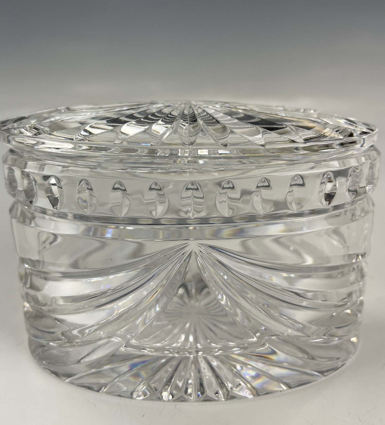 Vintage Waterford Lismore Lidded Box: Vintage Waterford Lismore Lidded Box, H 12.7 cm (5 in.), Preview from May 27th to 31st from 1:00 PM TO 5:00 PM Eastern Time, Location: 15229 Display Court, Rockville MD 20850.