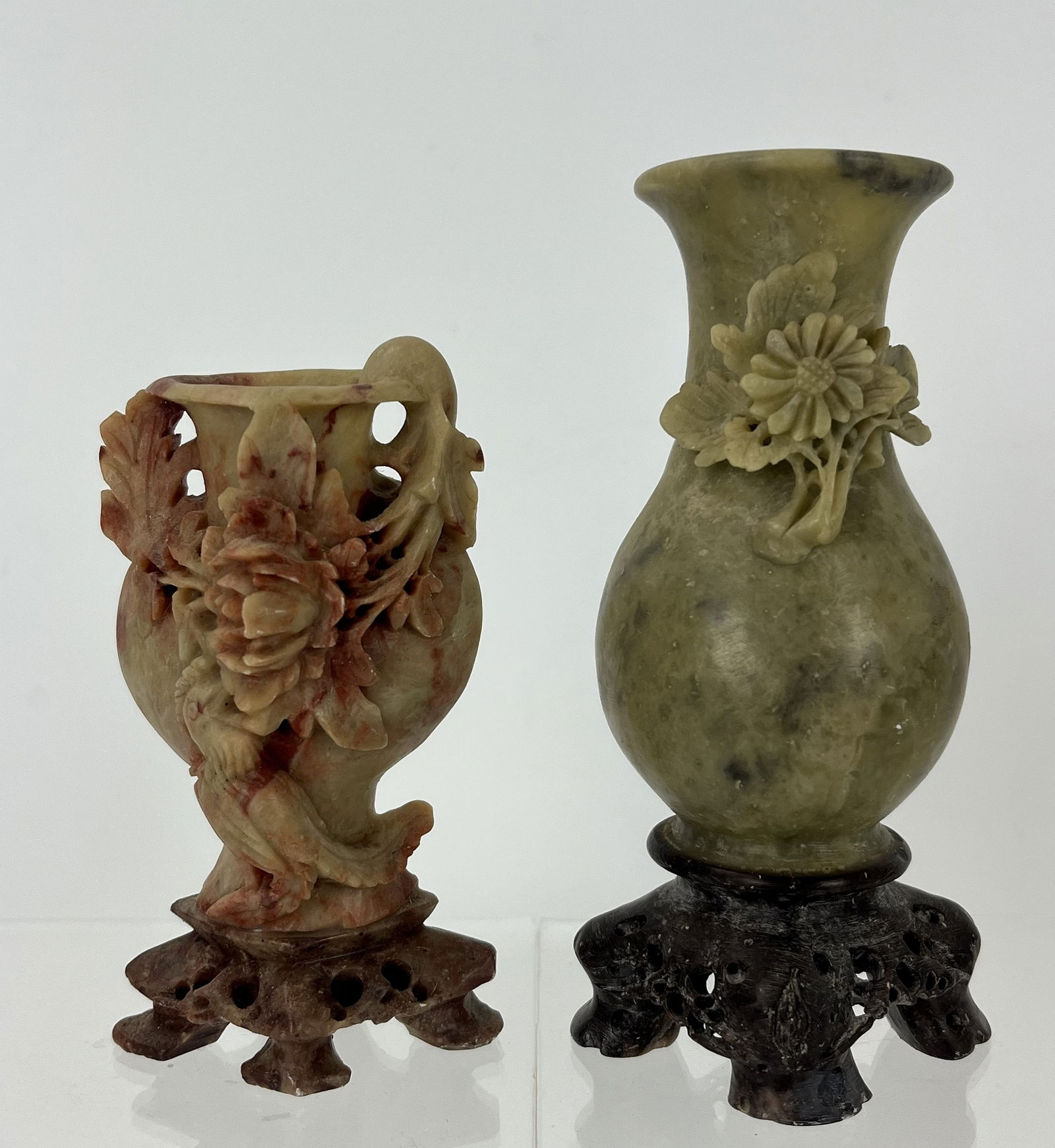 2pc Vintage Asian Chinese Carved Flowers Soapstone Vase Figurine Statue (1 of 11)