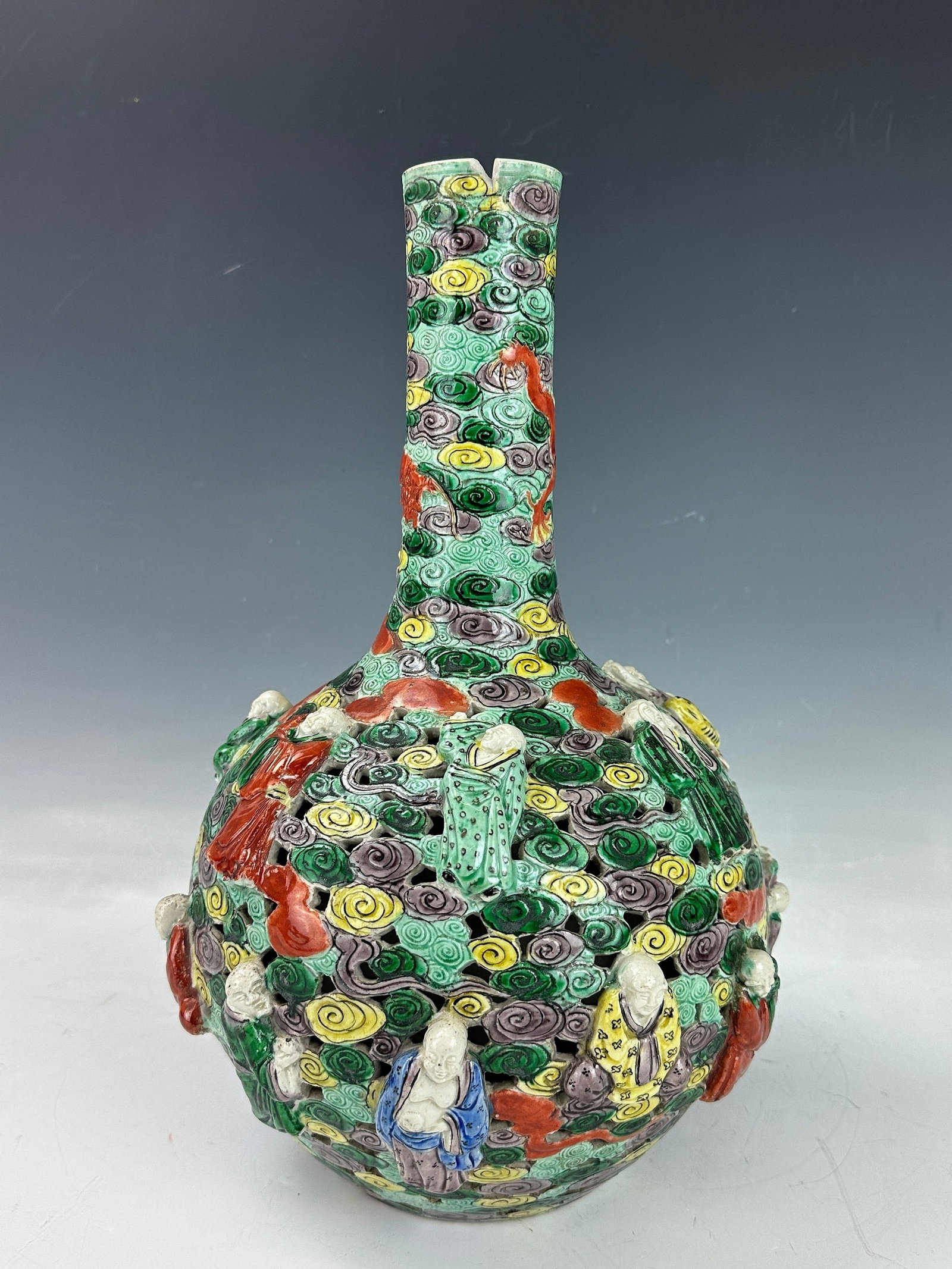 Chinese Famille Verte Relief Moulded Porcelain Vase: Chinese Famille Verte Relief Moulded Porcelain Vase, Reticulated Immortals 18 Buddhist Arhats. H 38cm, Diam 22cm. Preview from Jun. 24th to 28th from 1:00 PM TO 5:00 PM Eastern Time, Location: 15229 D