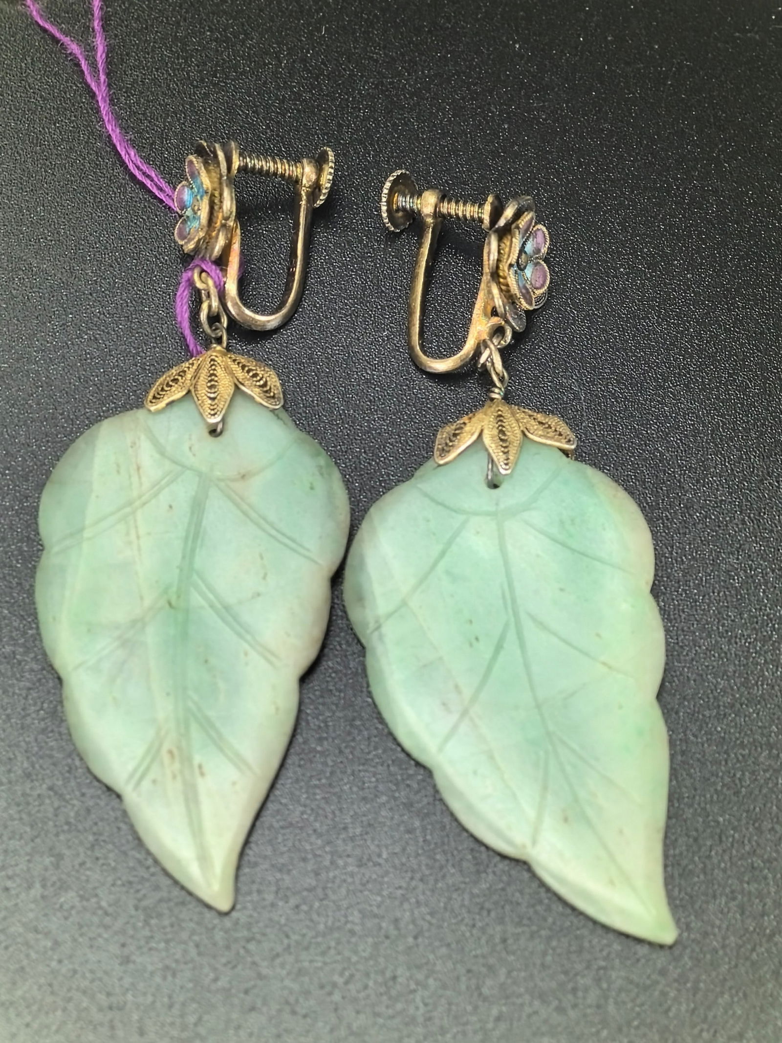 Pair of Chinese Natural Green Jadeite Leaf Earrings (1 of 4)