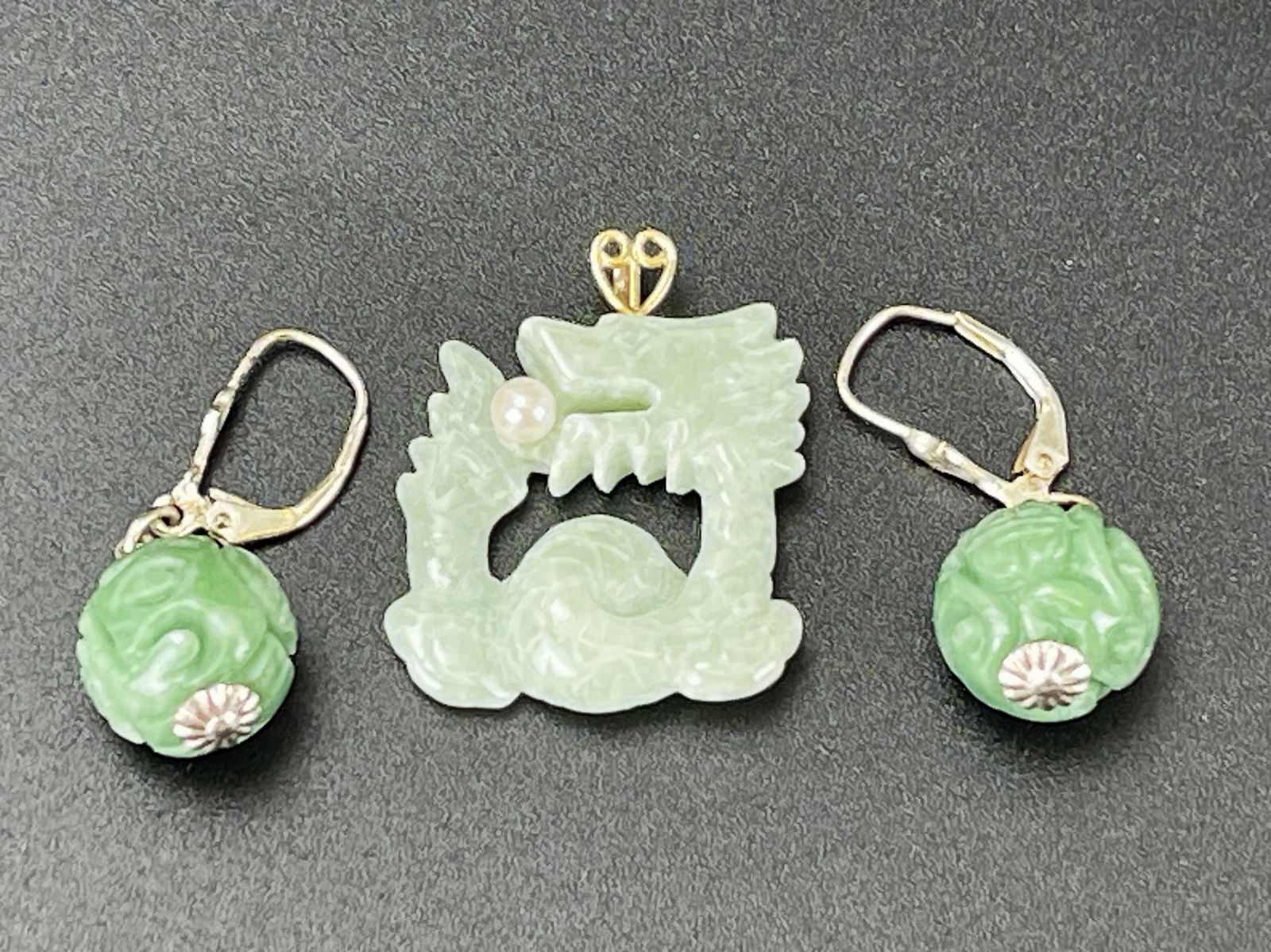 Chinese Carved Dragon Jade Pendant and Earrings (1 of 5)