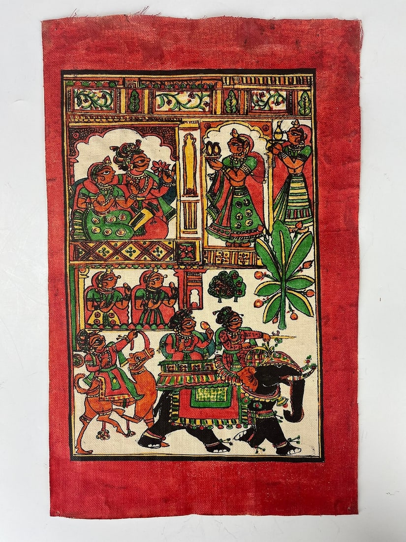 Rajasthani Pabuji ka Phad Printed Cloth for Traditional Storytelling: Small Rajasthani printed cloth with a motif of Pabuji ka Phad cloths used by traditional storytellers in northwestern India. Provenance: Property of PhD Bruce Elliot Tapper, a social anthropologist, j