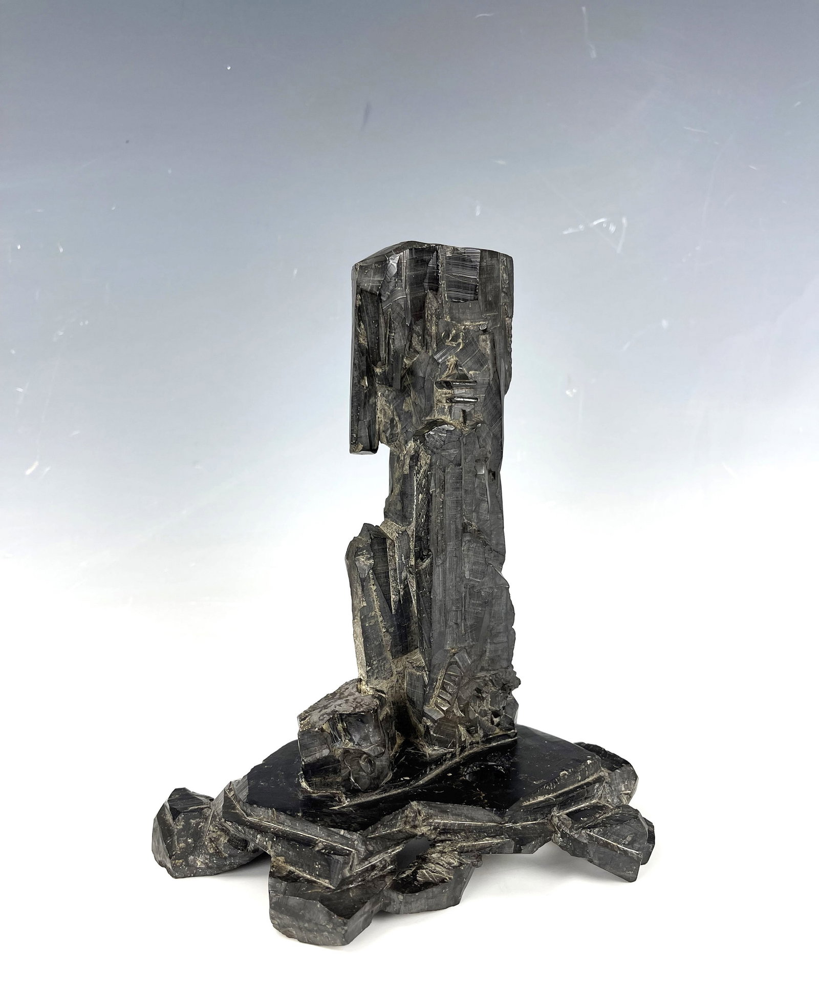 A Chinese Carved Jet Stone Meijing Candle Holder: A Chinese Carved Jet Stone Meijing Candle Holder, stairs leading to Temple, H 19 cm(7.5in.). PROVENANCE: Property of Helen Fugh Hays - Fu Hailan (1931-2016) Washington, DC.Fu Hailan, Mrs. Hays, was bo