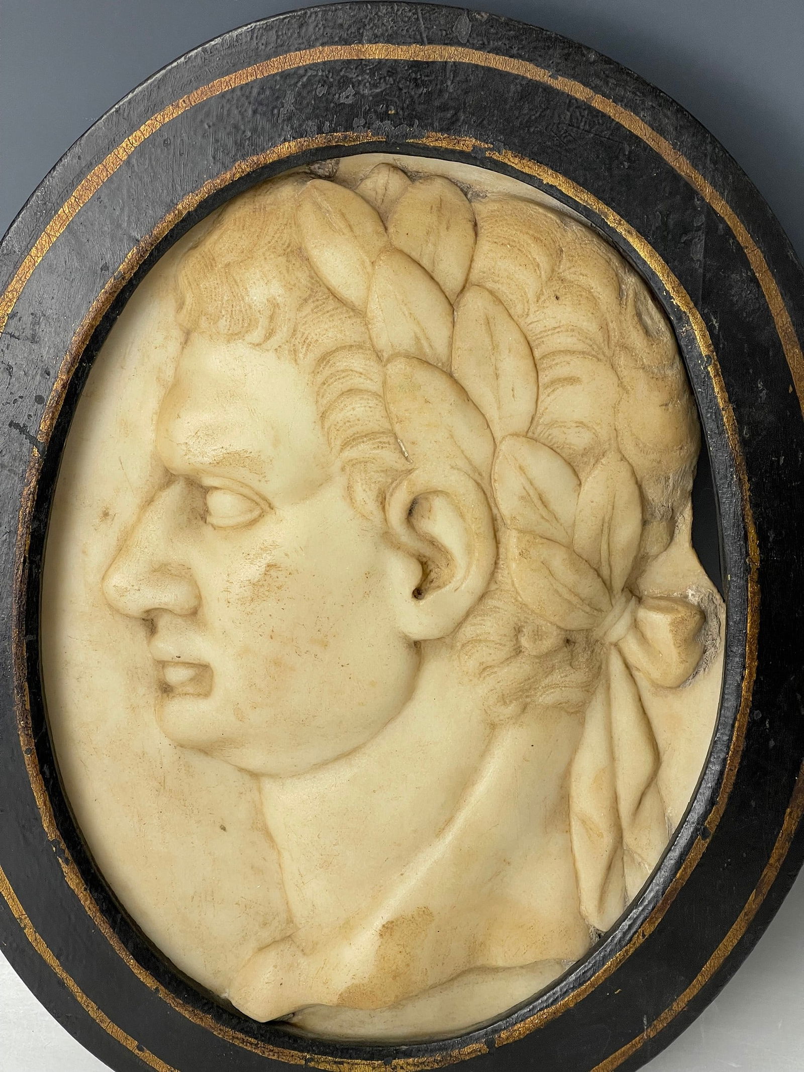 Oval Wooden Frame Carved Roman Imperial Marble Relief Bust (1 of 3)