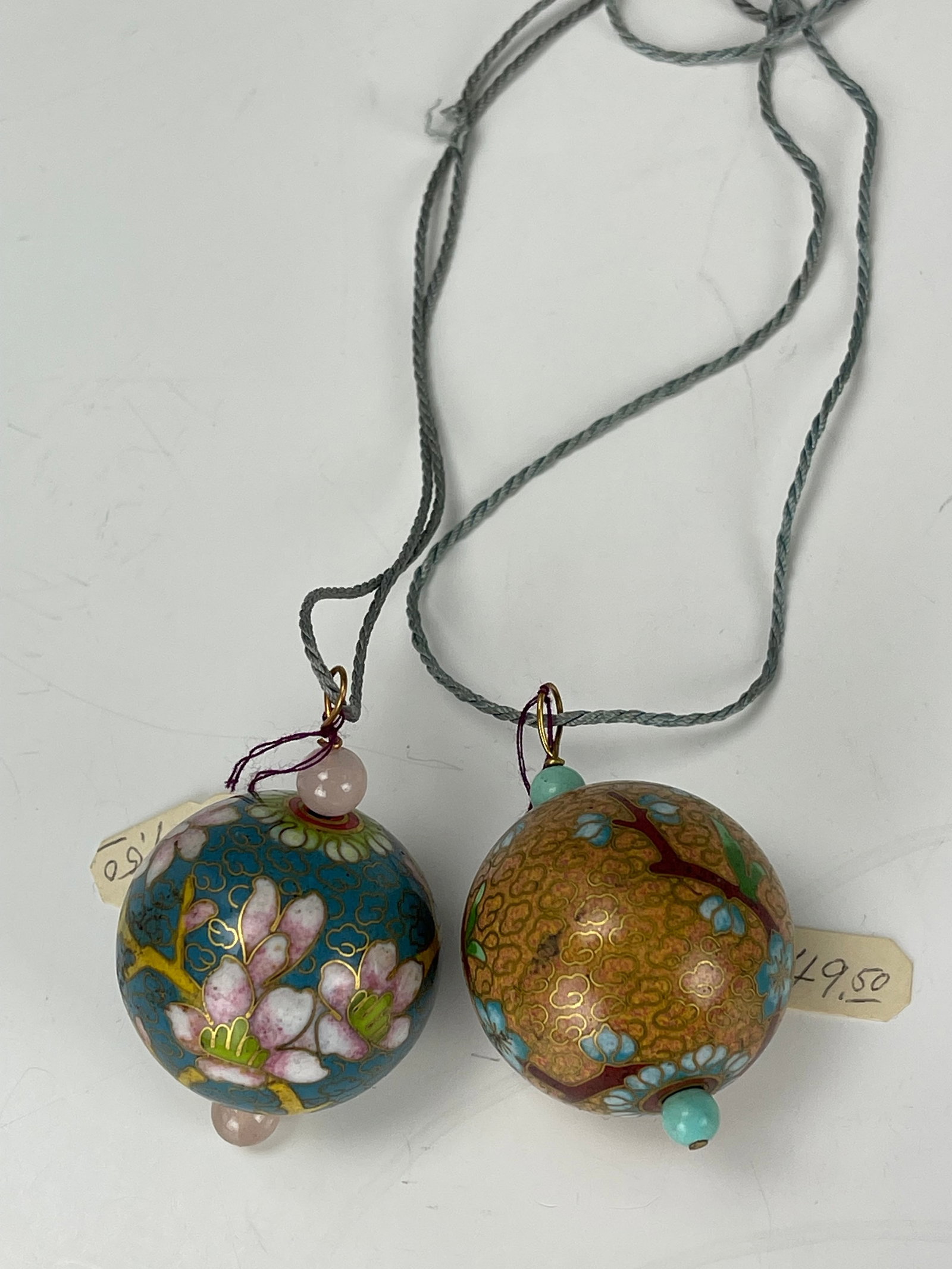 Pair of Chinese Cloisonne Enamel Ball Pendants: Pair of Chinese Cloisonne Enamel Ball Pendants,3.3cm x2. Preview from June 24th to 28th from 1:00 PM TO 5:00 PM Eastern Time, Location: 15229 Display Court, Rockville MD 20850.