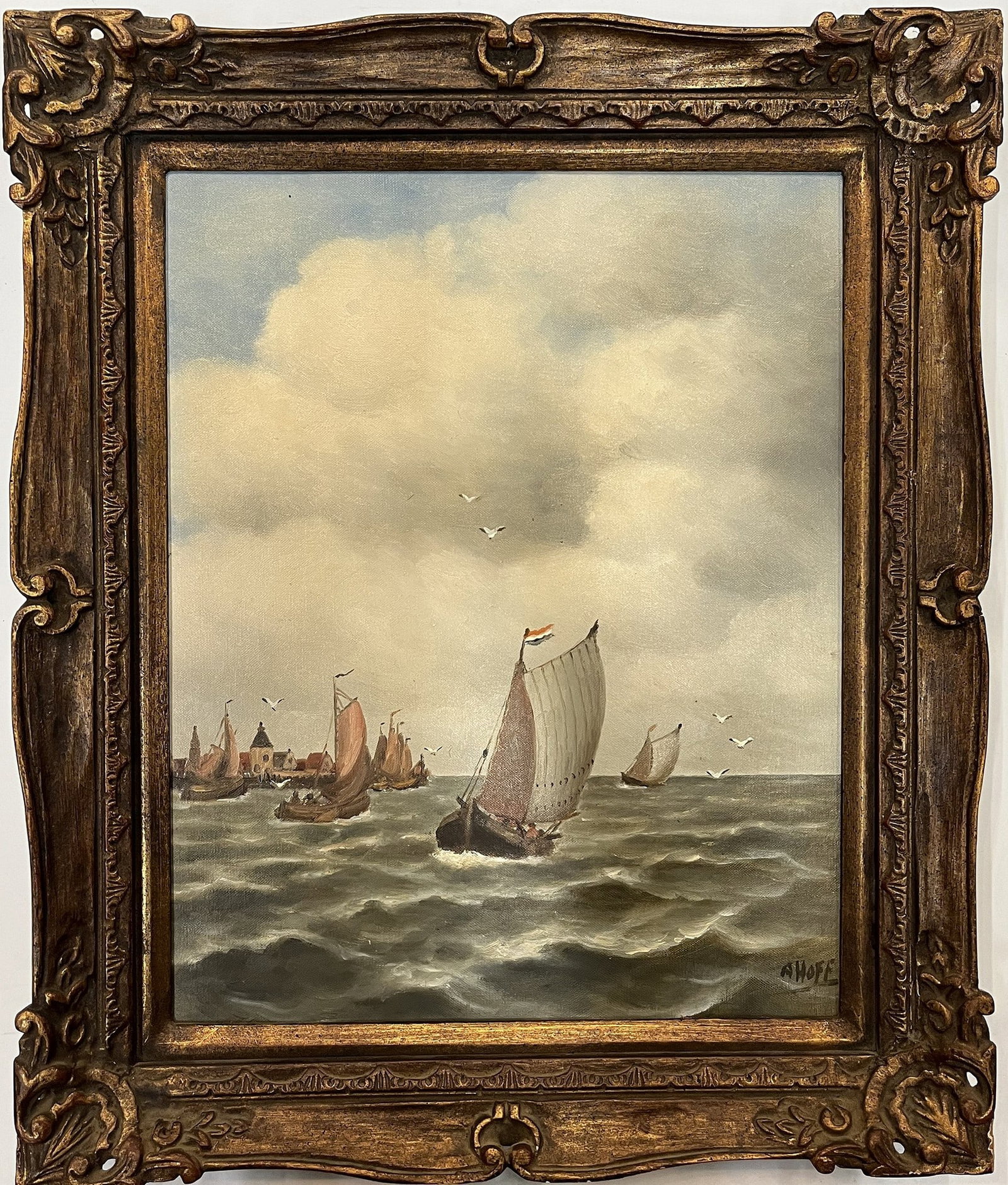 Sailboats Oil Painting with frame and signature: Sailboats Oil Painting with frame and signature. Dimensions: Longer one: H 63.5 cm (25 in.) x W 53.3 cm (21 in.). Preview from June 24th to 28th from 1:00 PM TO 5:00 PM Eastern Time, Location: 15229 D