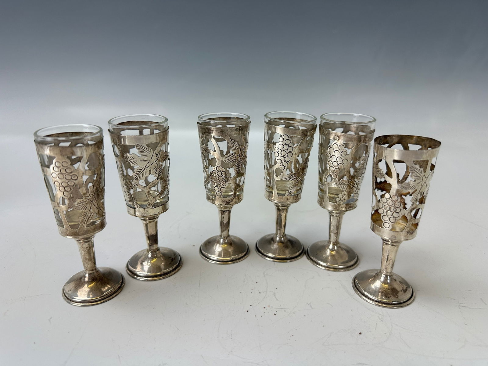 Six Mexico Shot Glasses With Rose Motif Sterling Silver (1 of 5)